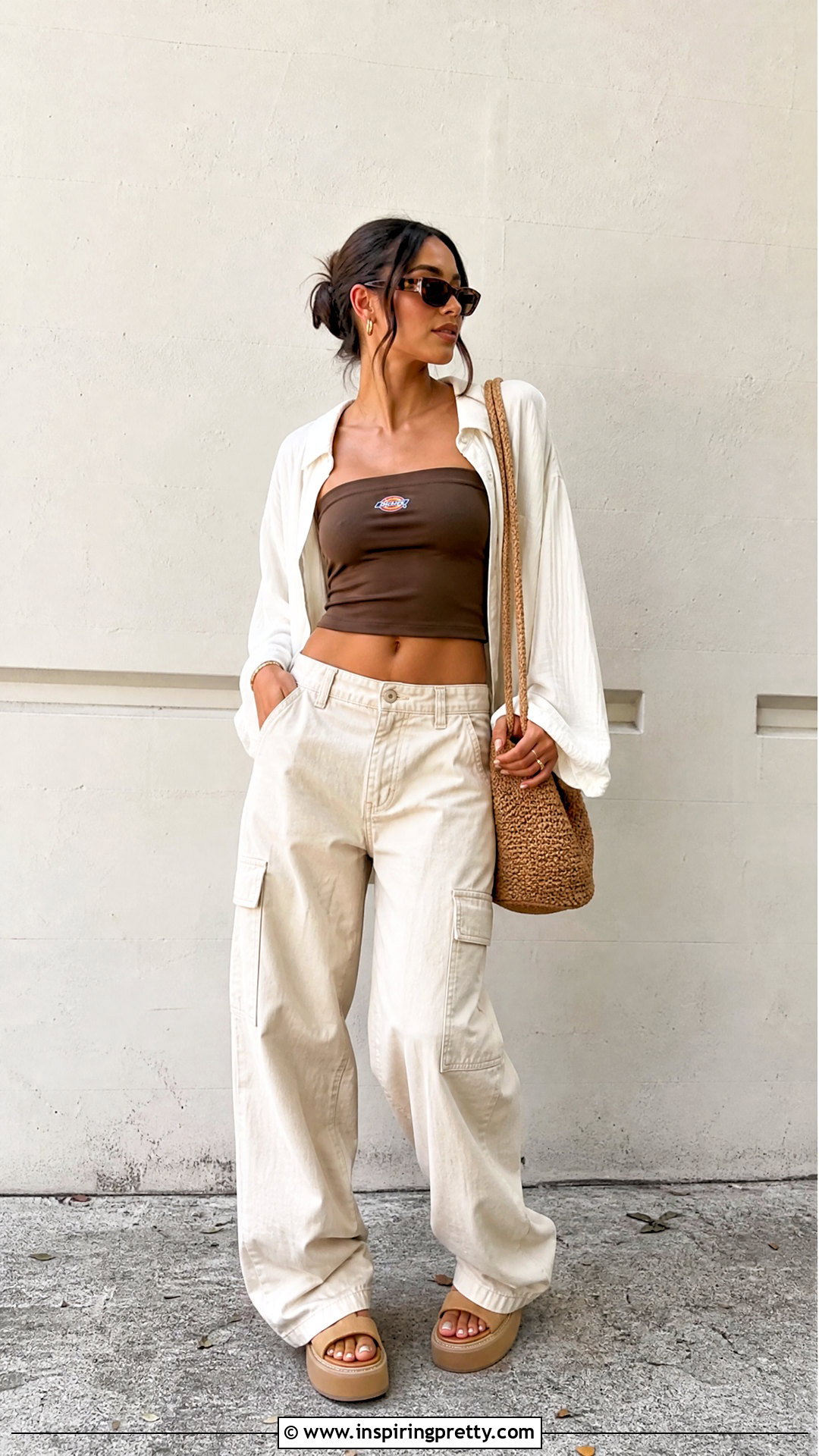 Brown Dickies Tube Top With Cream Cargo Pants - 20 Dickies Tube Tops