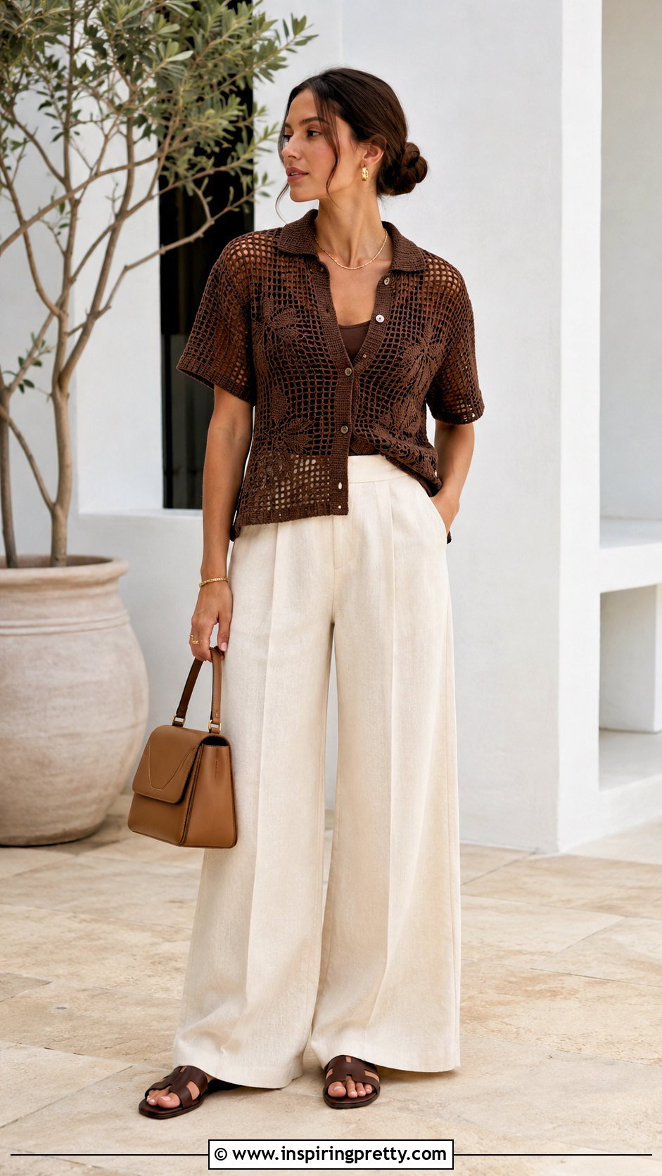 Brown Filet Crochet Top With Ecru Pants - 50 filet crochet top outfit ideas