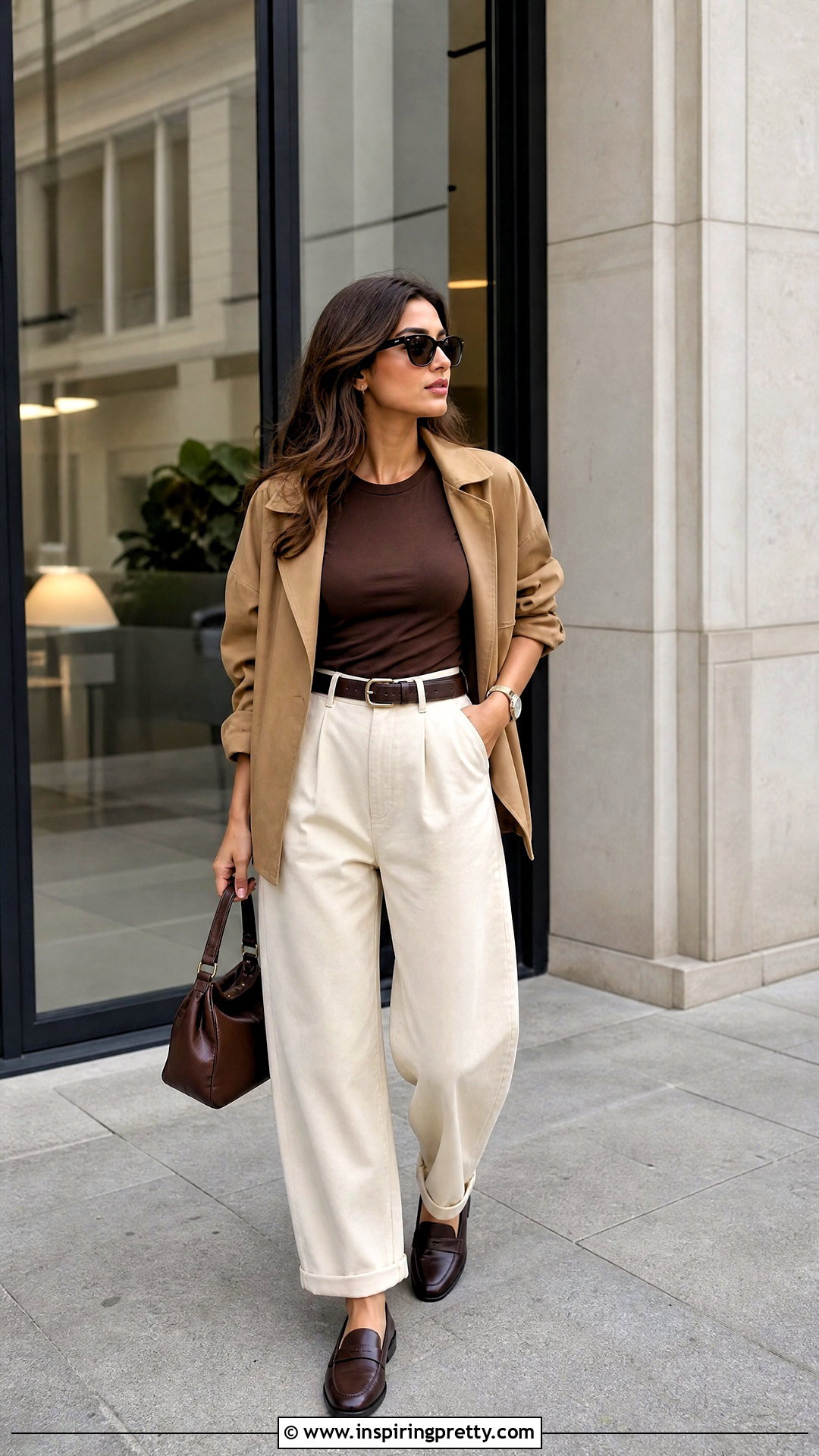 Brown Fitted Top With Ecru Barrel Leg Jeans - 50 brown fitted top outfit ideas
