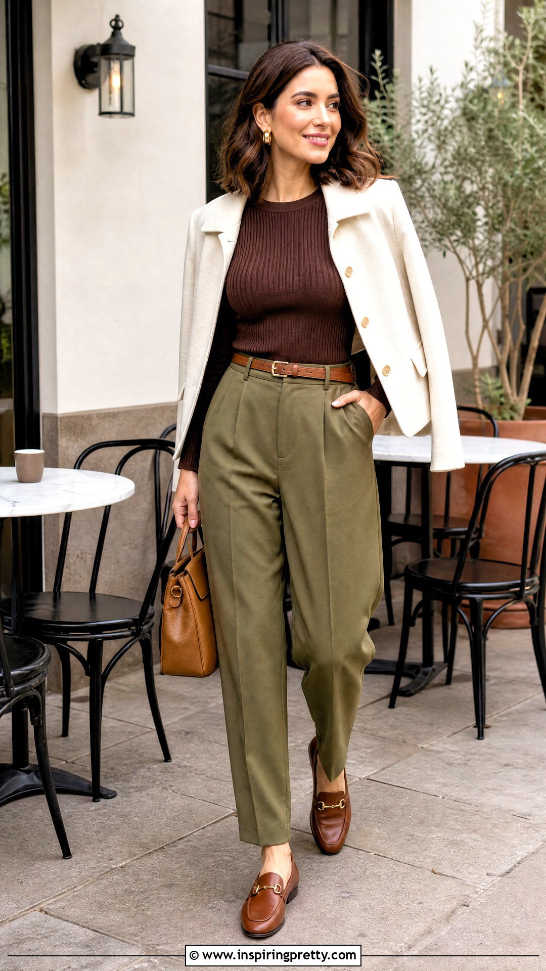 Brown Fitted Top With Olive Green Pants - 50 brown fitted top outfit ideas