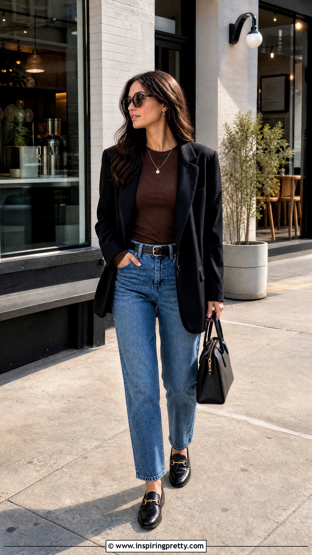 Brown Fitted Top With a Black Blazer and Jeans - 50 brown fitted top outfit ideas