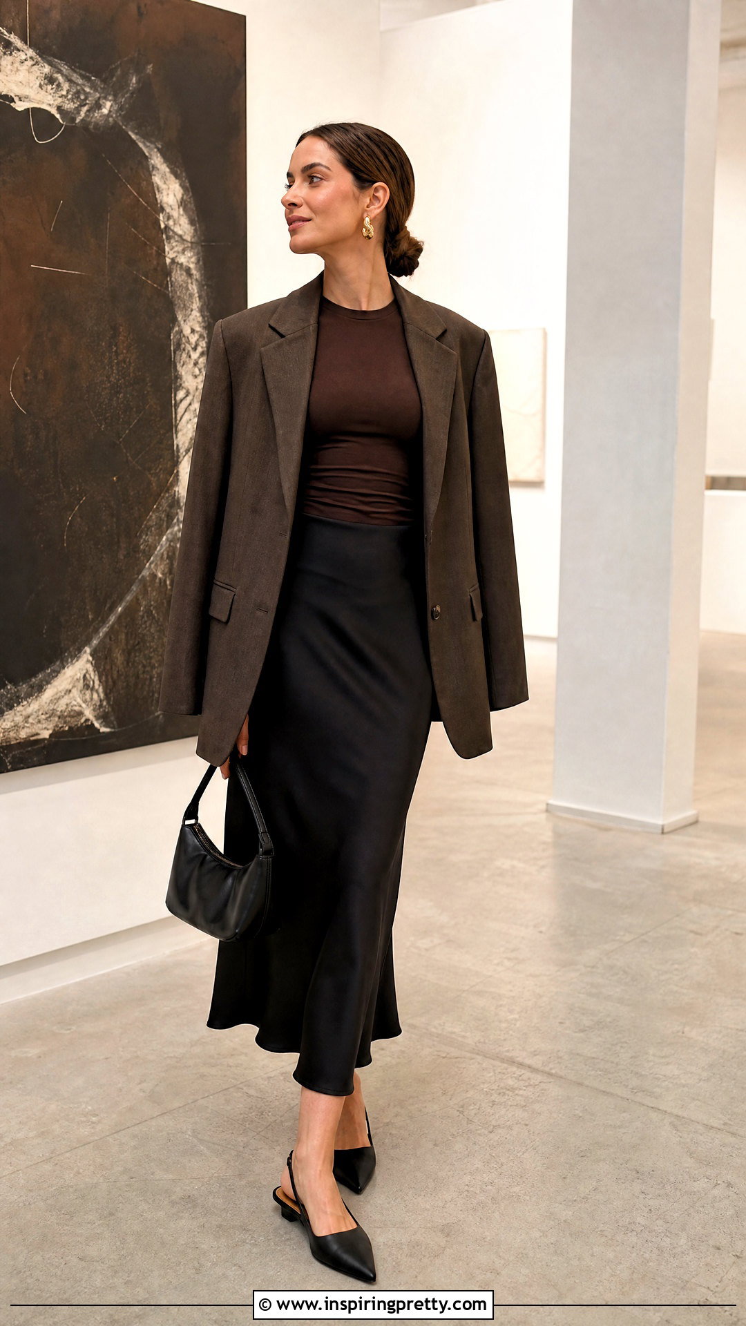 Brown Fitted Top With a Black Slip Skirt - 50 brown fitted top outfit ideas