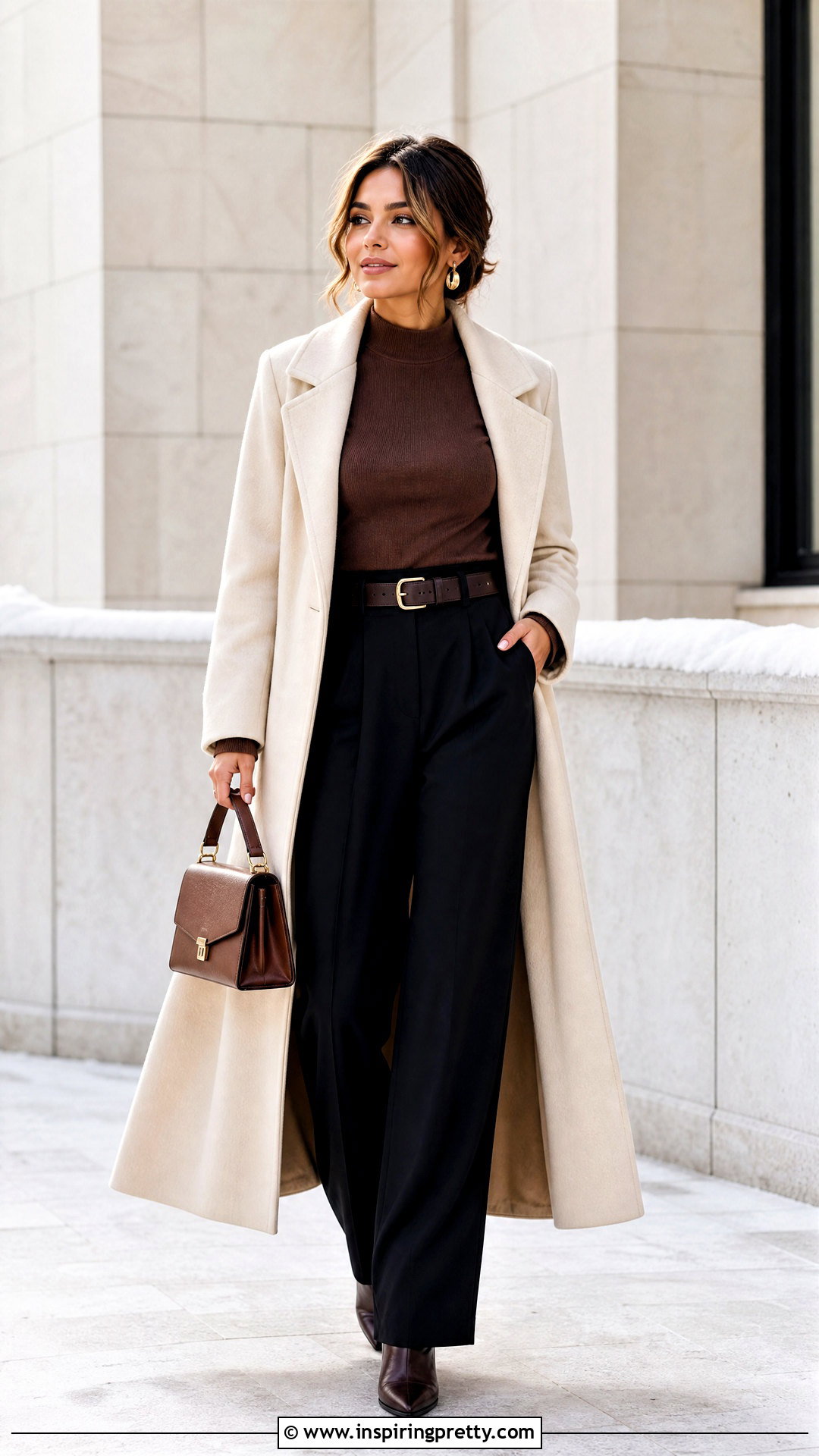 Brown Fitted Top With a Long Wool Coat and Trousers - 50 brown fitted top outfit ideas