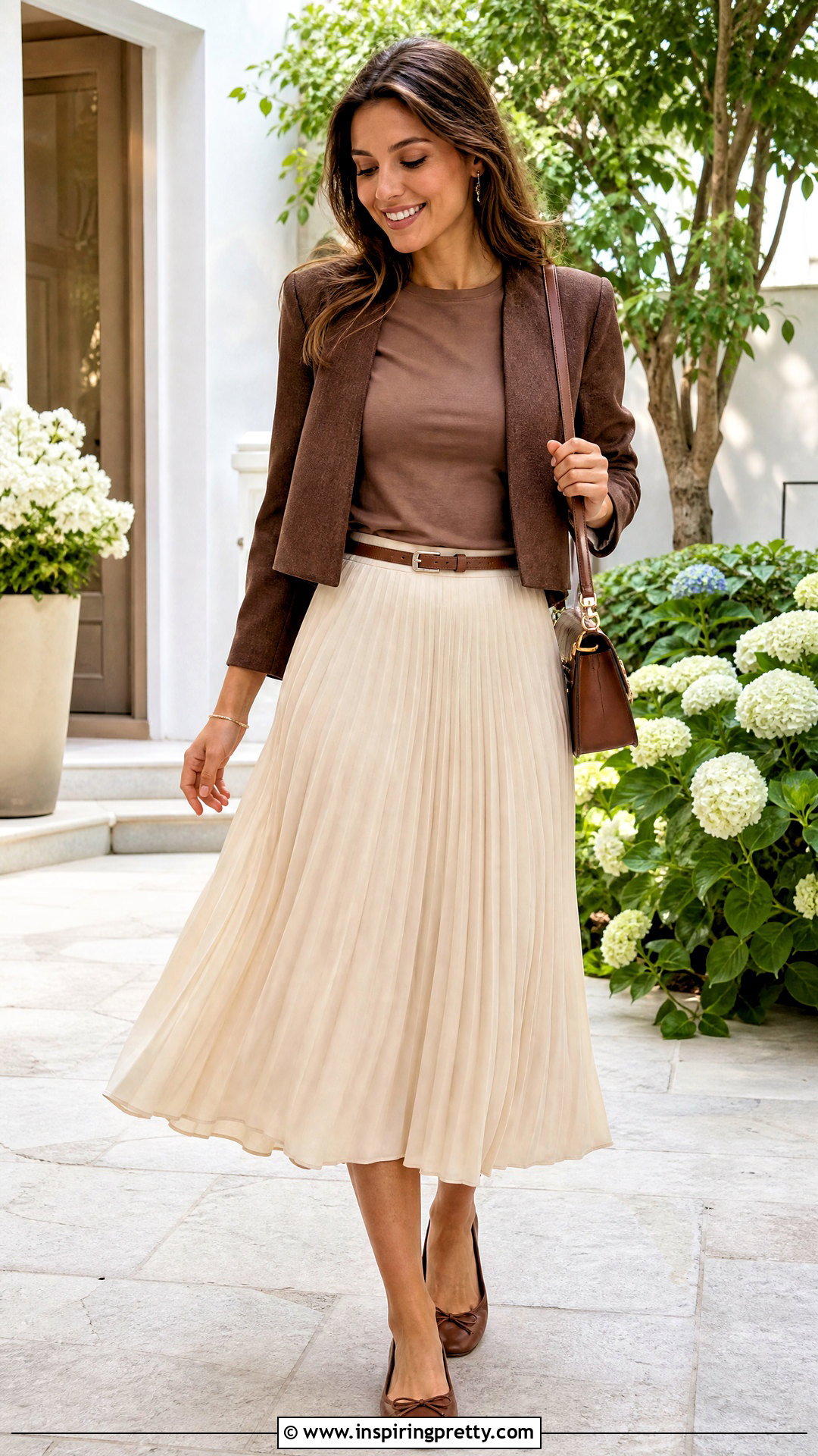Brown Fitted Top With a Pleated Midi Skirt - 50 brown fitted top outfit ideas