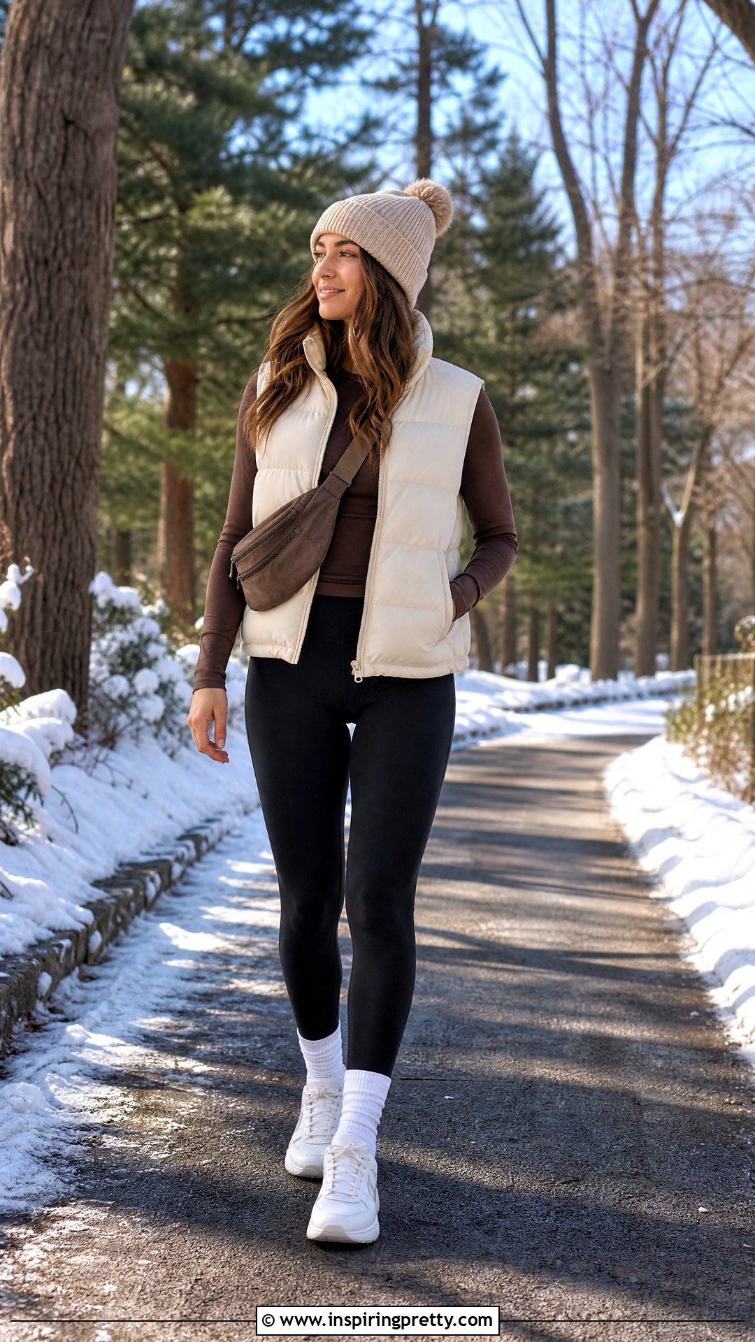 Brown Fitted Top With a Puffer Vest and Leggings - 50 brown fitted top outfit ideas