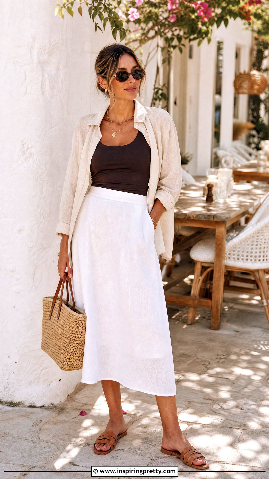 Brown Fitted Top With a White Linen Skirt - 50 brown fitted top outfit ideas