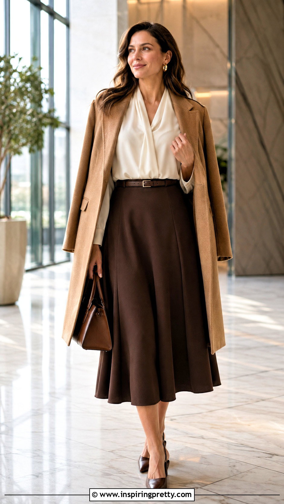 Brown Flare Skirt And Ivory Blouse Outfit - 50 flay skirt and top outfit ideas