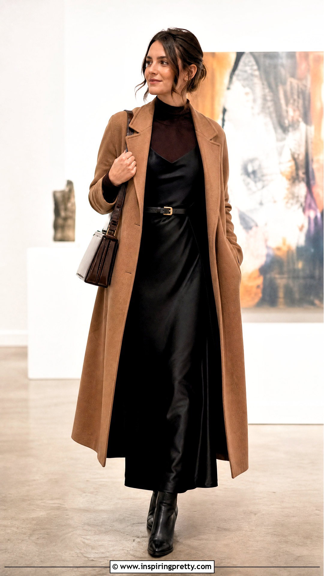 Brown Full Sleeve Top Under A Black Slip Dress - 50 brown full sleeve top outfit ideas