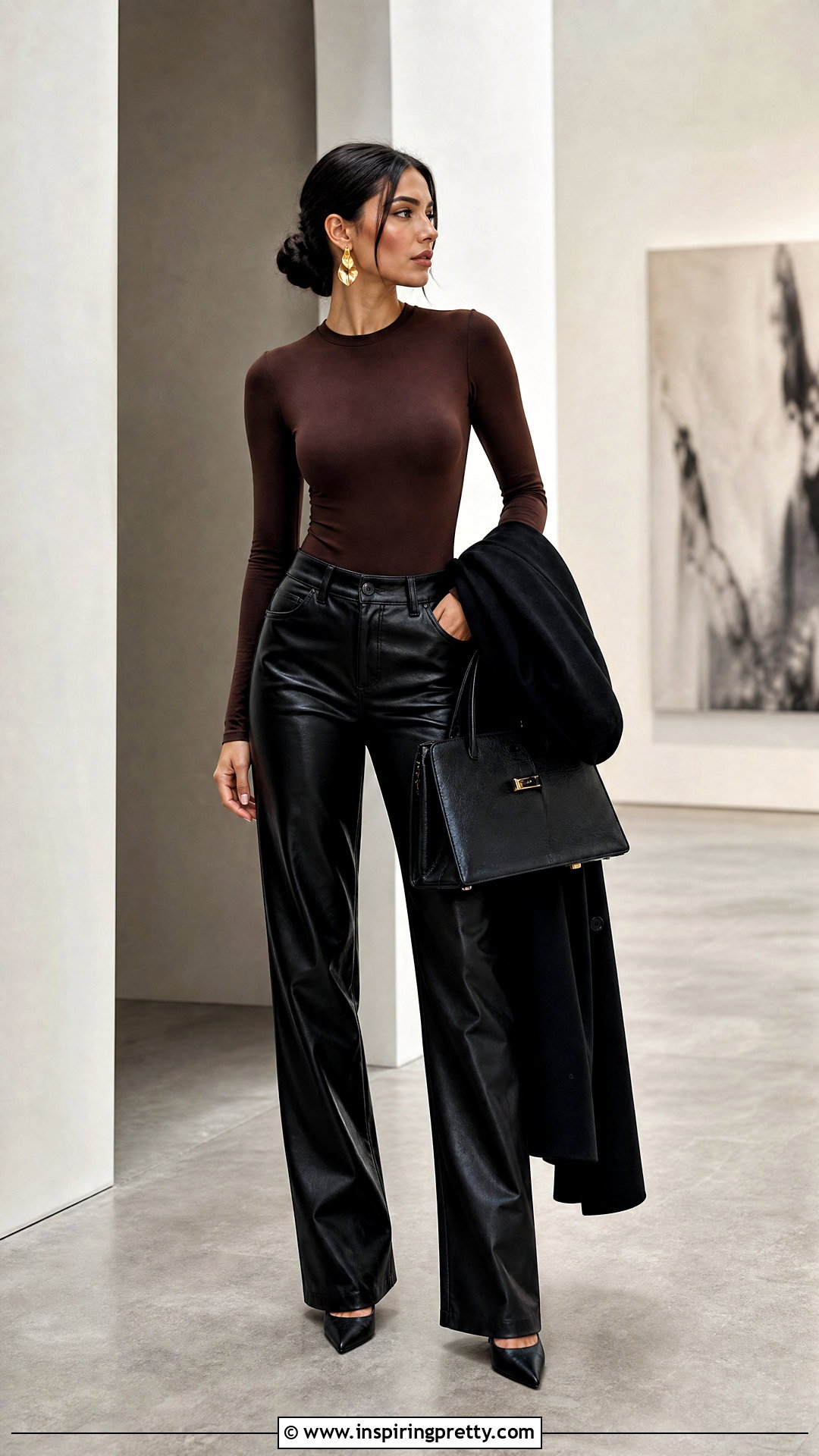 Brown Full Sleeve Top With Black Leather Pants And Heels - 50 brown full sleeve top outfit ideas
