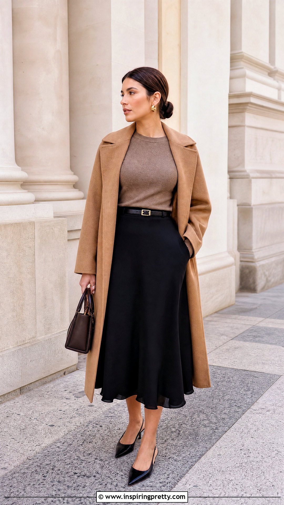Brown Full Sleeve Top With Black Midi Skirt And Slingbacks - 50 brown full sleeve top outfit ideas