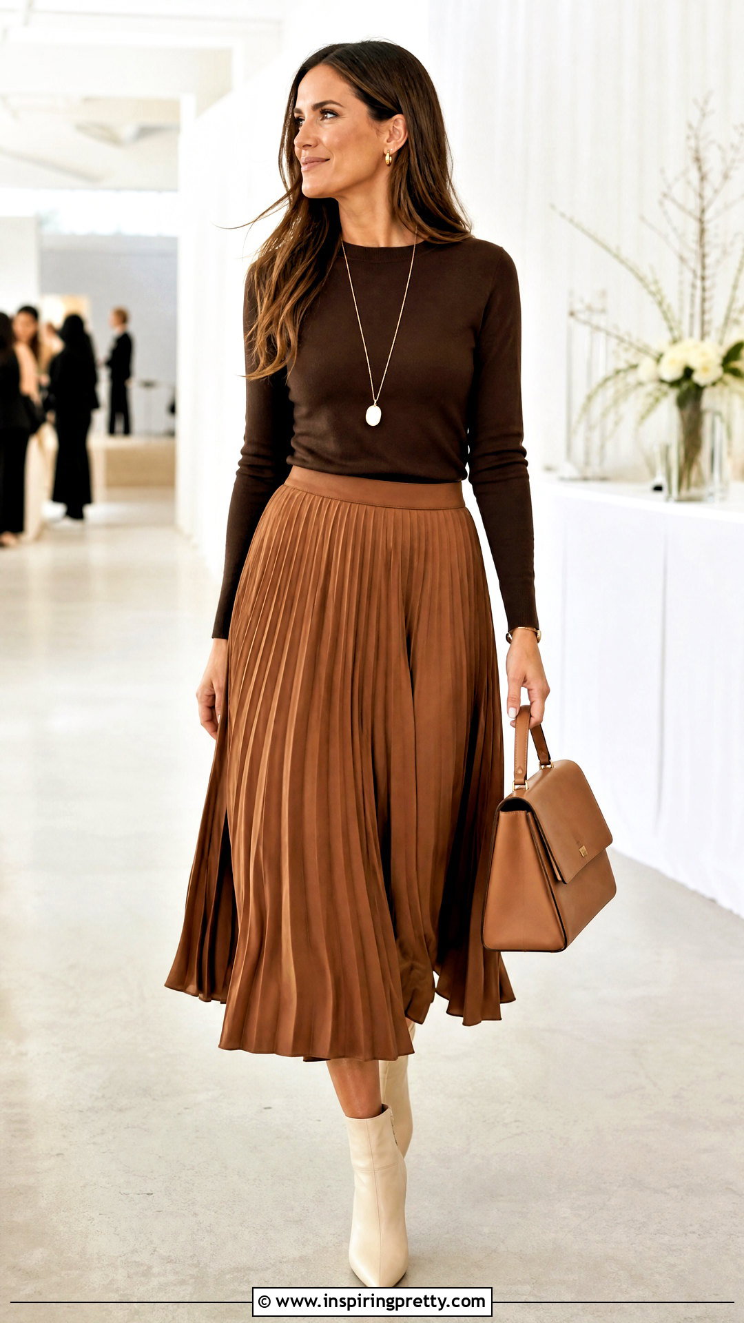 Brown Full Sleeve Top With Brown Pleated Midi Skirt - 50 brown full sleeve top outfit ideas