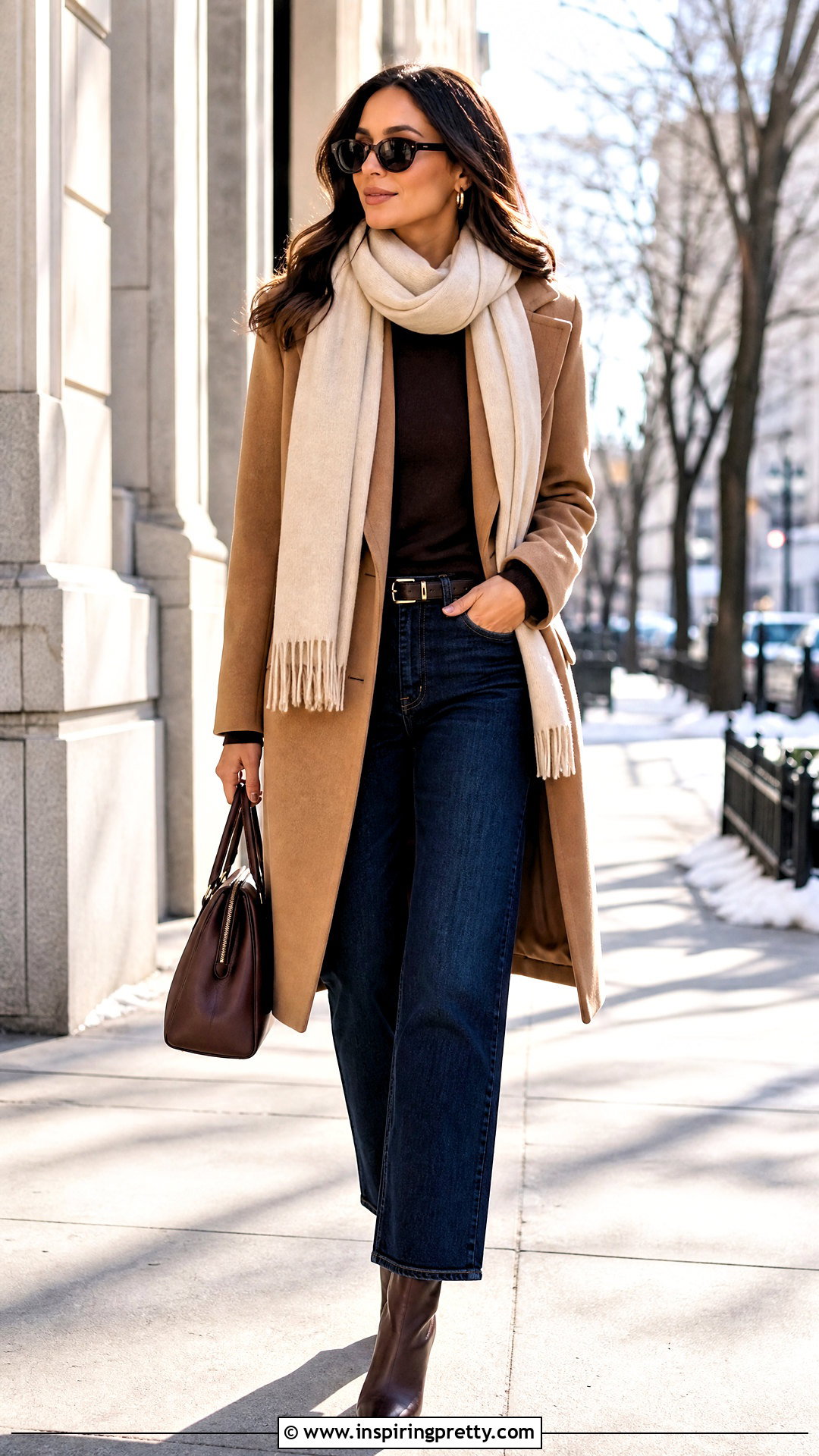 Brown Full Sleeve Top With Camel Coat And Dark Jeans - 50 brown full sleeve top outfit ideas