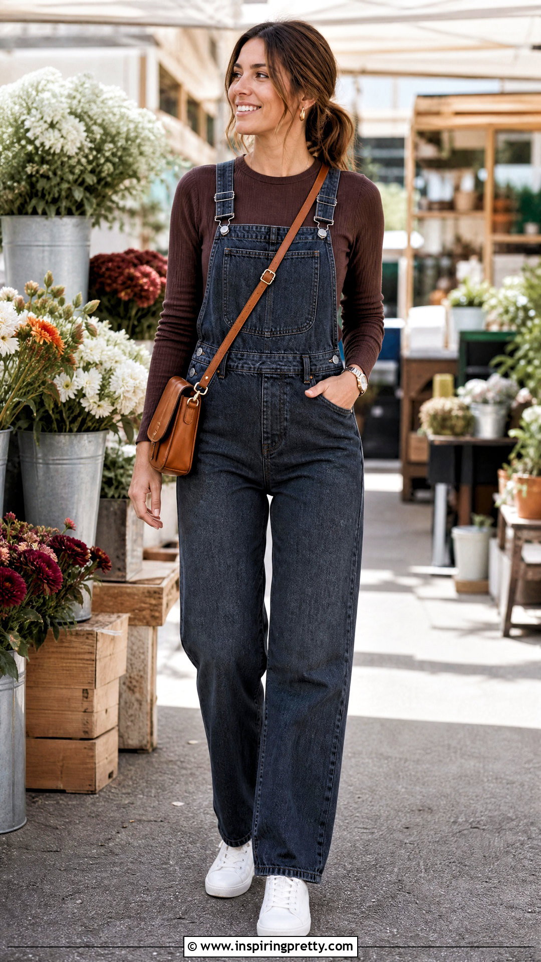 Brown Full Sleeve Top With Denim Overalls And Sneakers - 50 brown full sleeve top outfit ideas