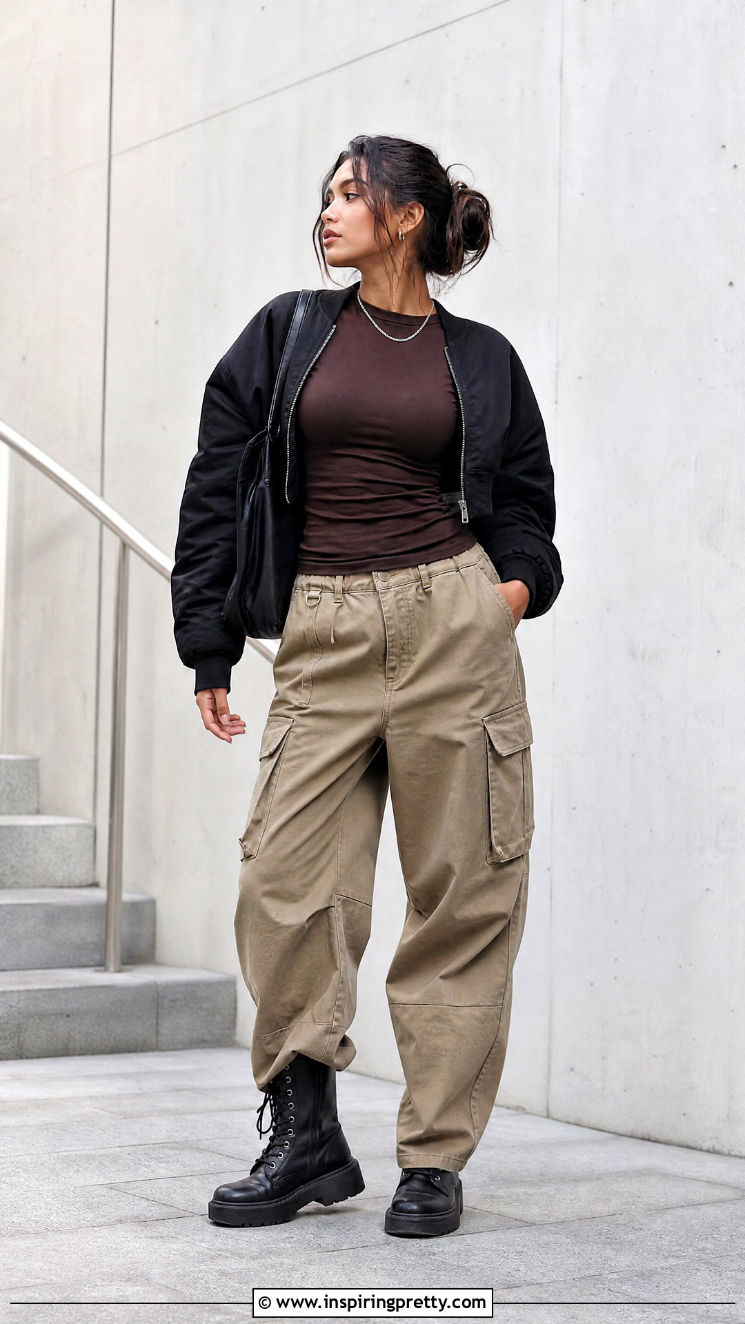 Brown Full Sleeve Top With Khaki Cargos And Combat Boots - 50 brown full sleeve top outfit ideas