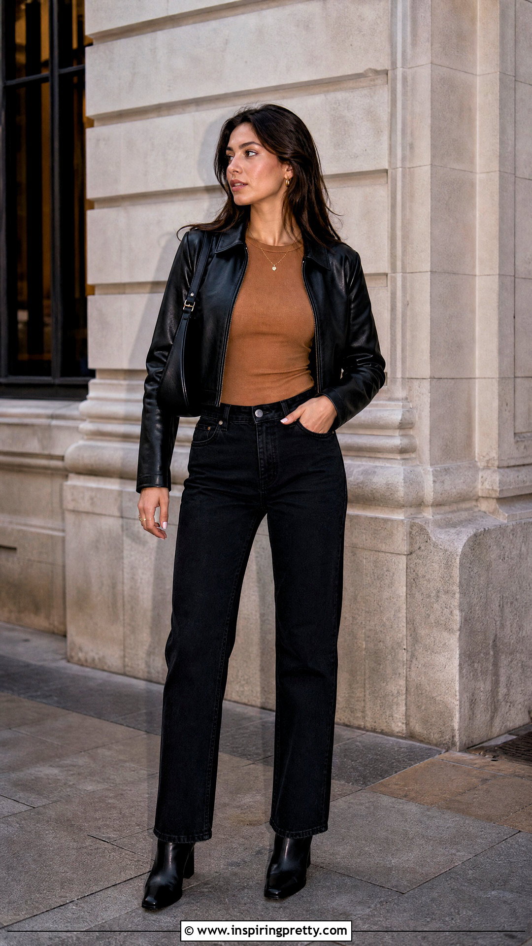Brown Full Sleeve Top With Leather Jacket And Black Jeans - 50 brown full sleeve top outfit ideas