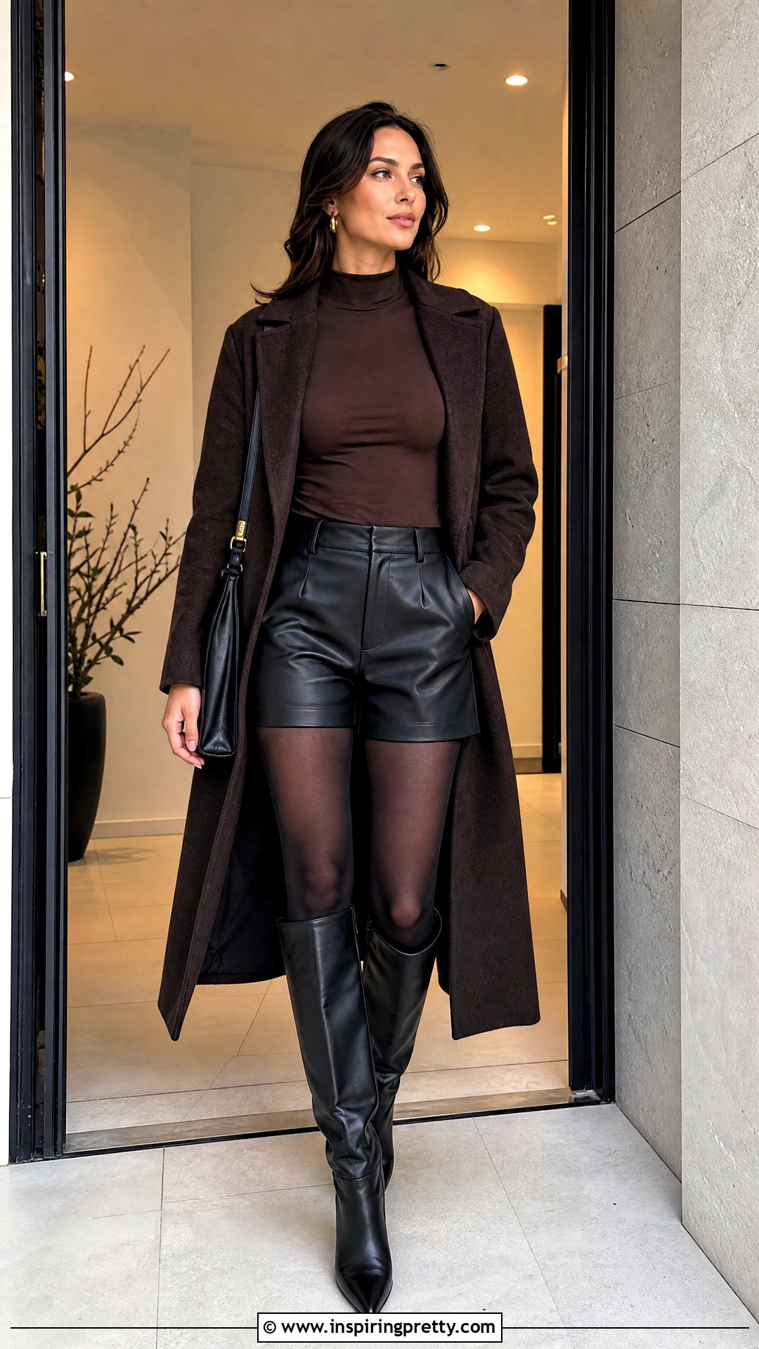 Brown Full Sleeve Top With Leather Shorts And Tights - 50 brown full sleeve top outfit ideas