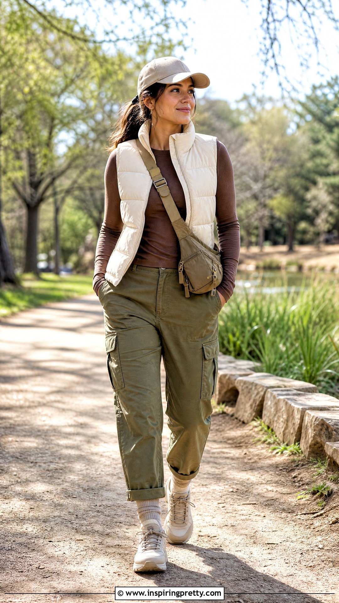 Brown Full Sleeve Top With Puffer Vest And Cargo Pants - 50 brown full sleeve top outfit ideas