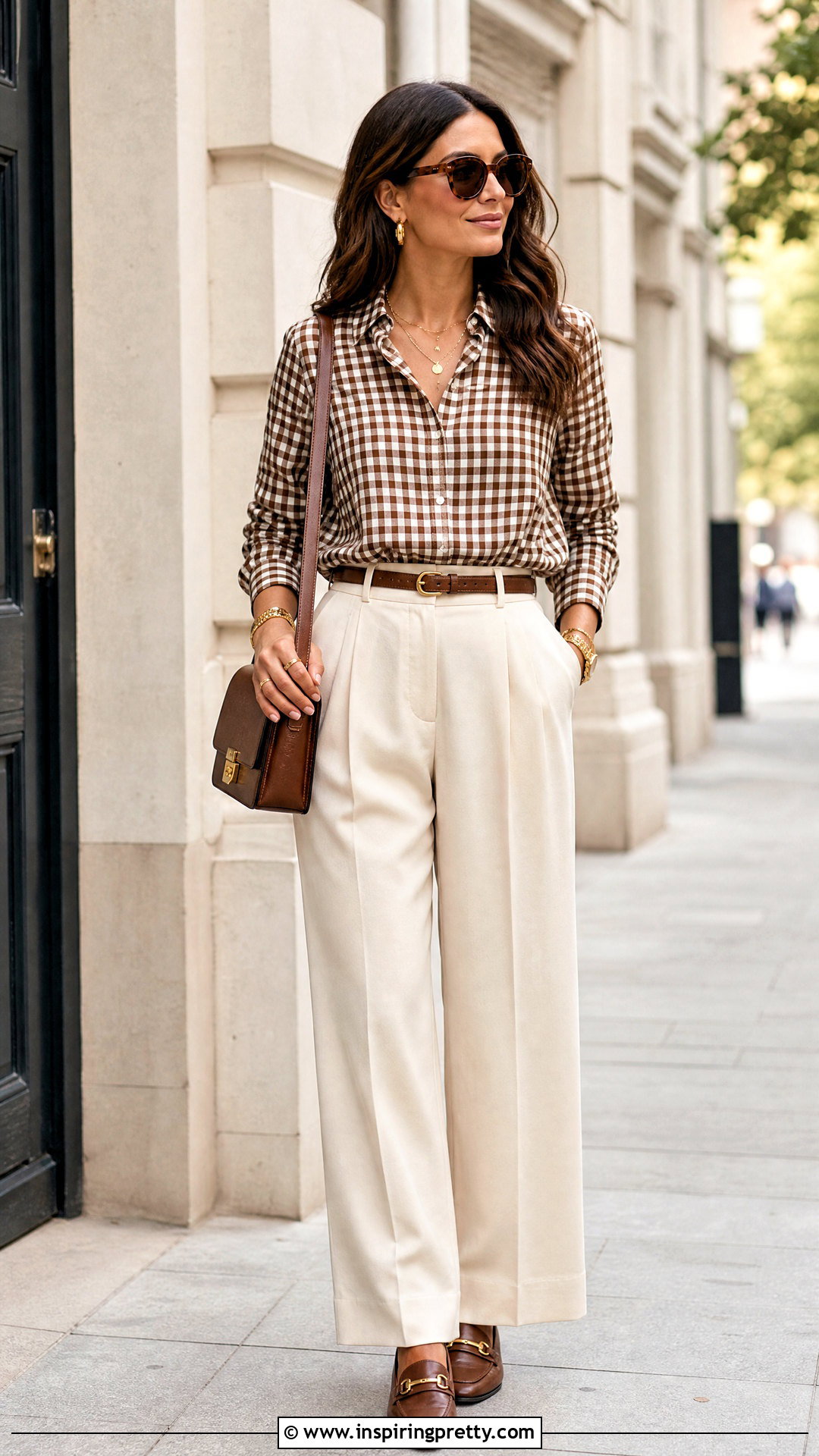 Brown Gingham Top With Ecru Trousers - 50 gingham top outfit ideas