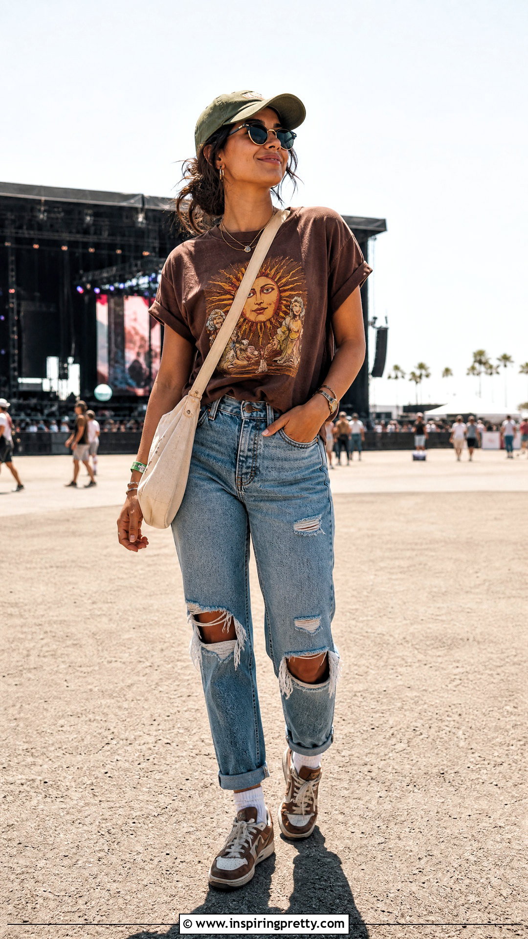 Brown Graphic T Shirt And Ripped Jeans - 50 brown top and blue jeans outfit ideas