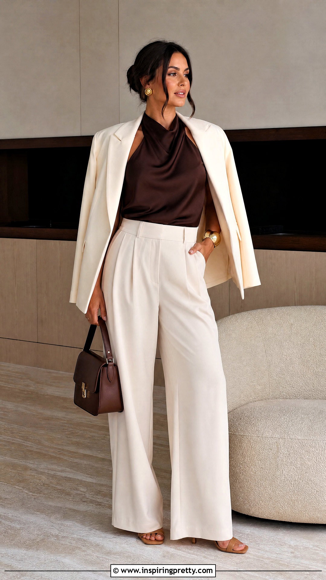 Brown Halter Top With Cream Trousers - 25 halter going out tops outfit ideas