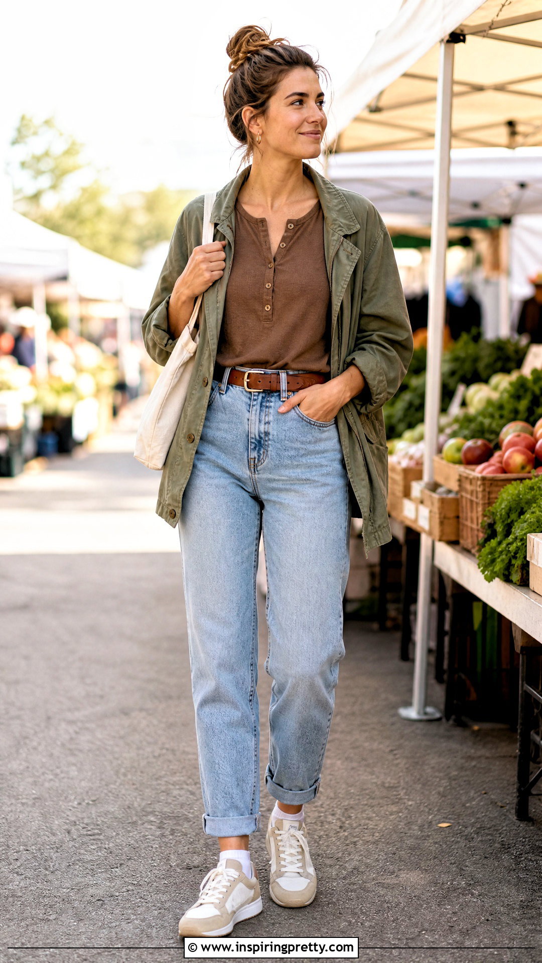 Brown Henley Top And Mom Jeans - 50 brown top and blue jeans outfit ideas
