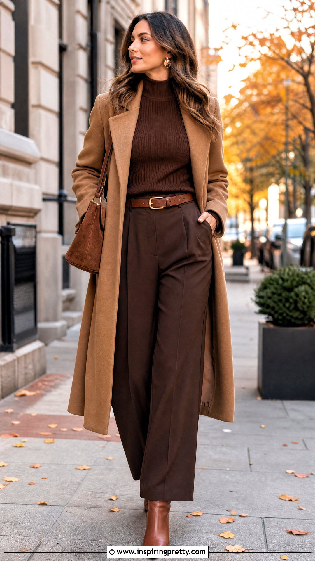 Brown High Neck Top With Chocolate Trousers - 50 high neck top outfit ideas