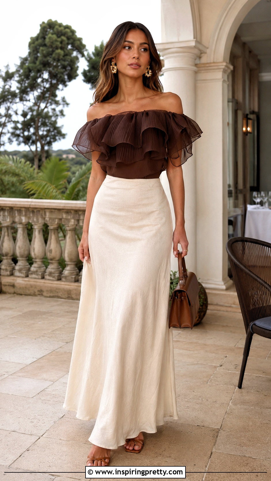 Brown Jellyfish Top With Cream Maxi Skirt - 50 jellyfish top outfit ideas