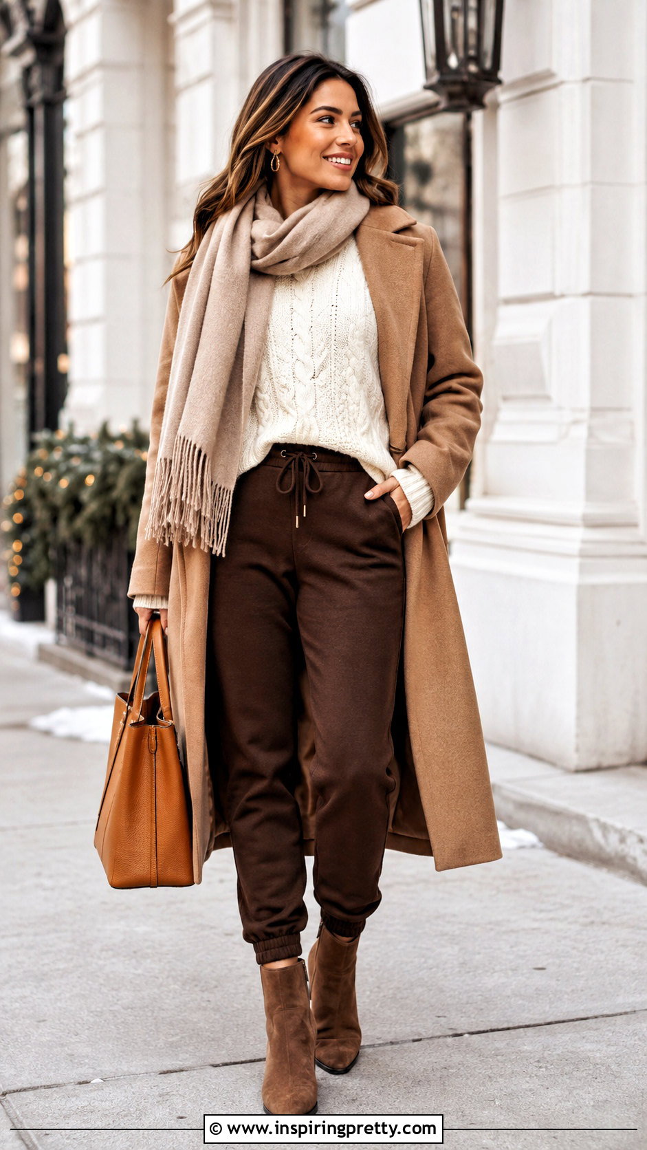 Brown Joggers With Cream Cable Knit Sweater - 25 joggers and a nice top outfit ideas