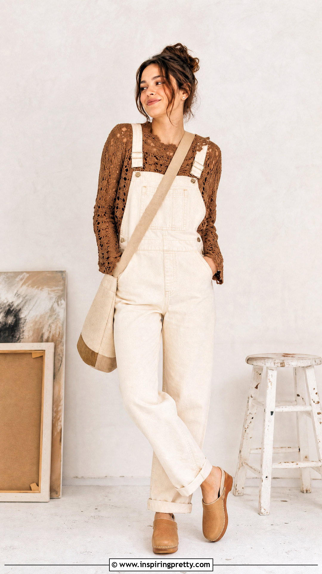 Brown Lace Crochet Top With Cream Overalls - 20 Brown Lace Crochet Top outfit ideas