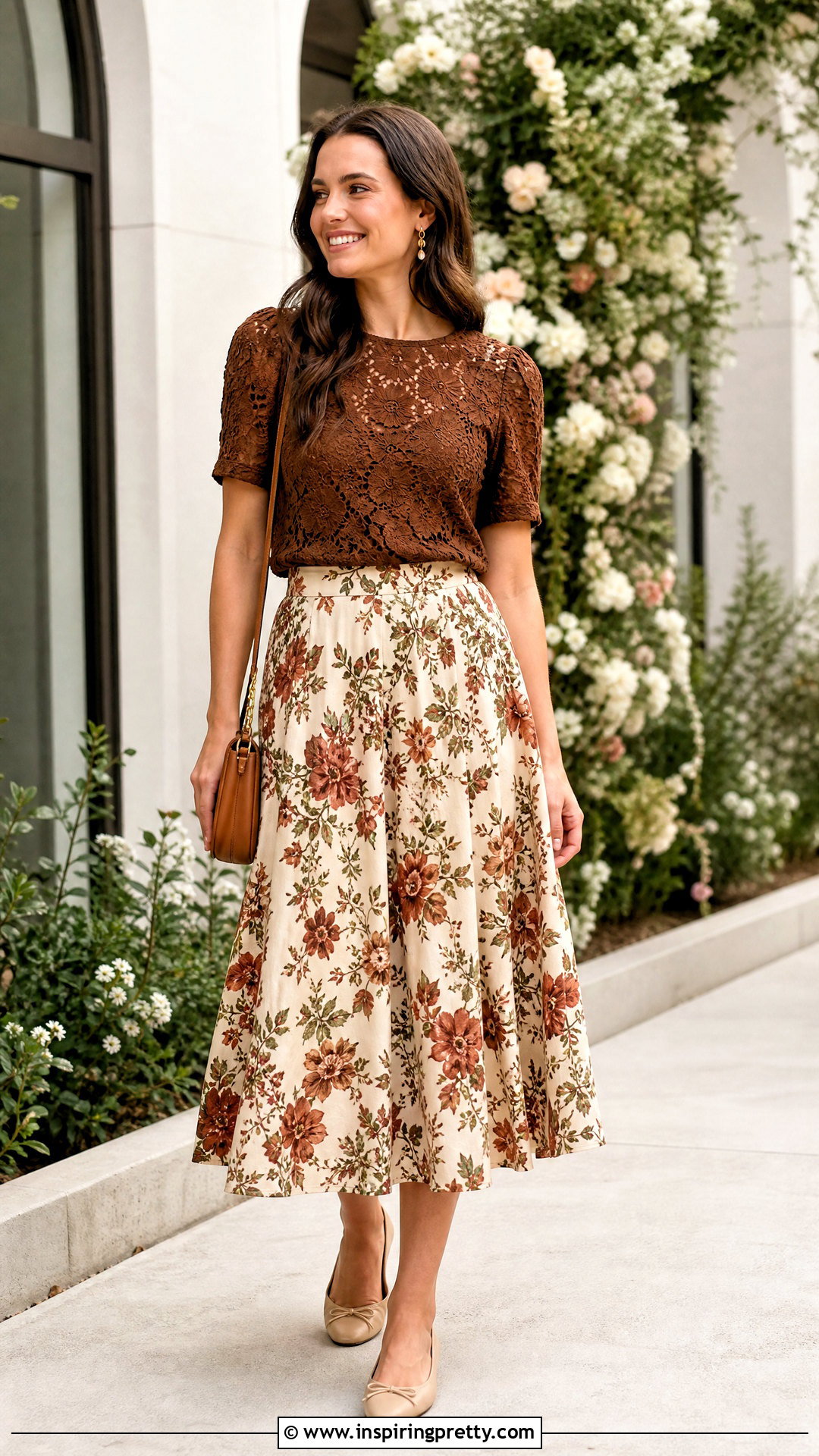Brown Lace Crochet Top With Floral Midi Skirt - 20 Brown Lace Crochet Top outfit ideas