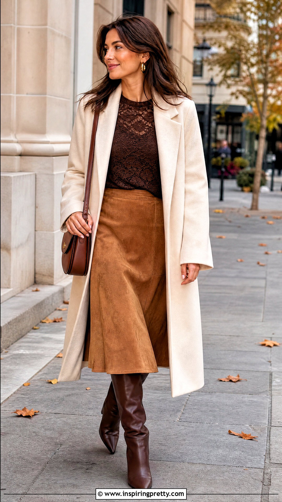Brown Lace Layering Top With Suede Midi Skirt - 50 Lace Layering Top Outfit ideas