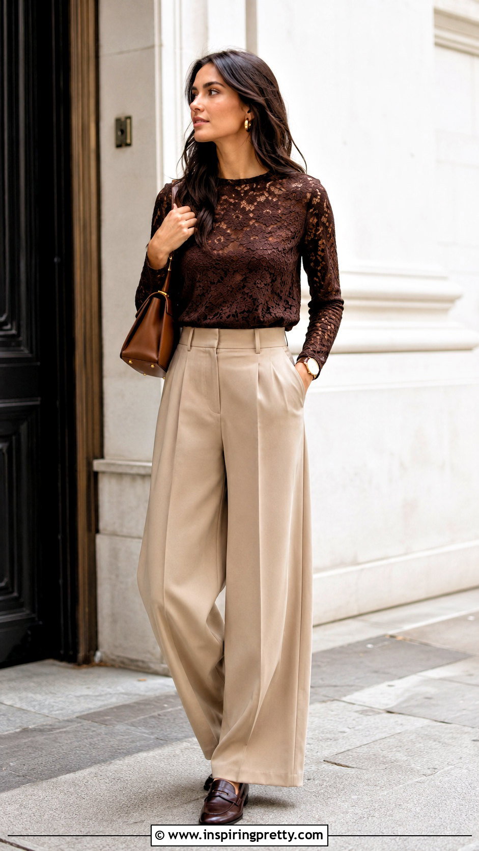 Brown Lace Long Sleeve Top With Beige Trousers - 50 lace long sleeve top outfit ideas