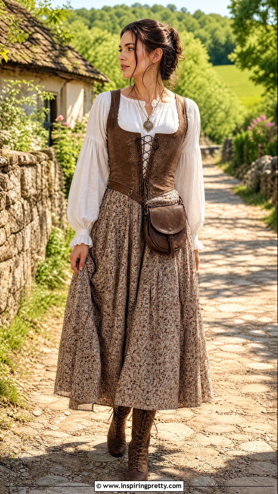 Brown Lace Up Cottagecore Bodice With White Blouse - 25 Cottagecore Tops For Women