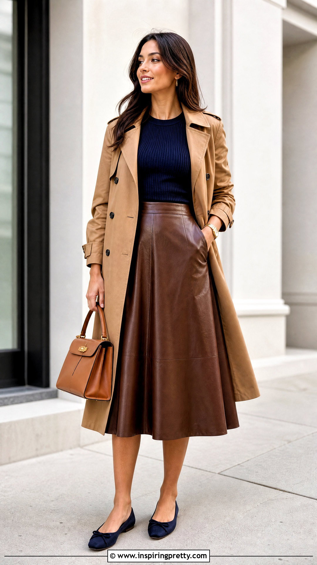 Brown Leather A Line Skirt With Navy Fitted Top - 25 Brown Leather Skirt And Top outfit ideas