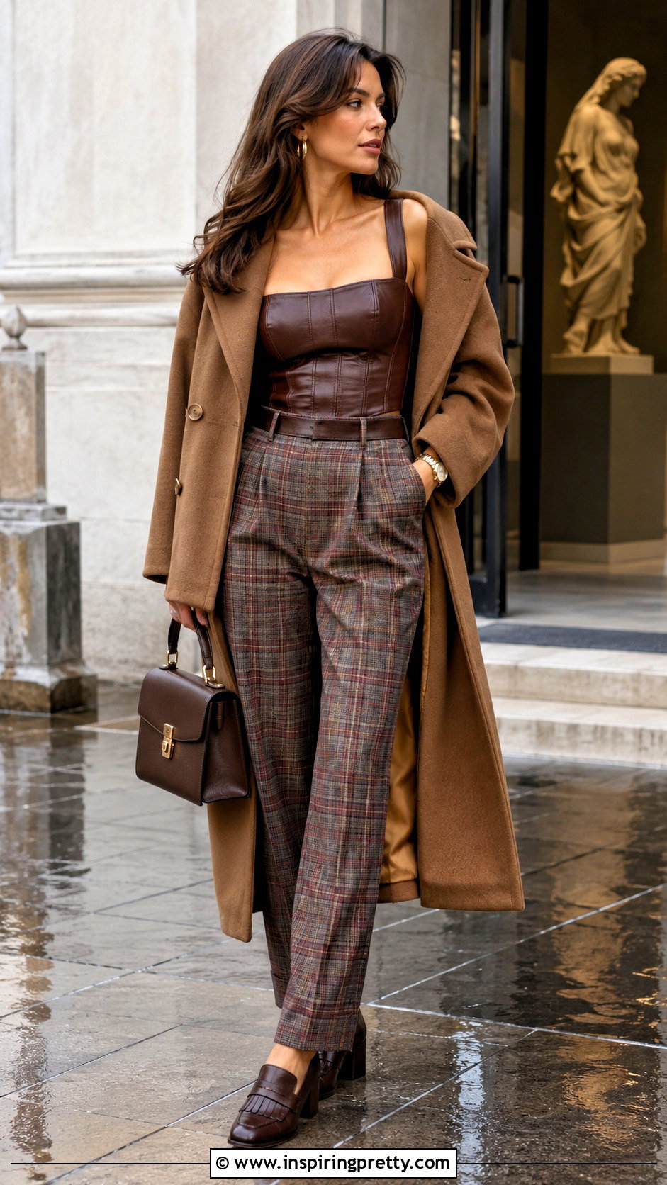 Brown Leather Corset Top With Plaid Trousers - 25 carrie bradshaw leather top outfit ideas