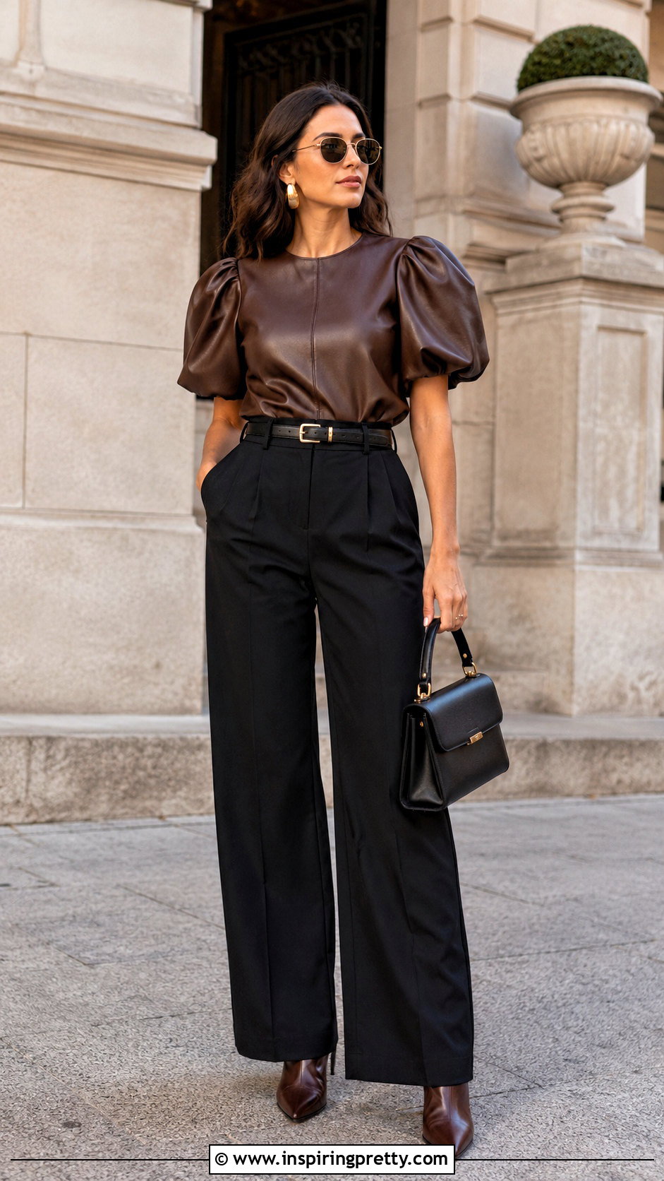 Brown Leather Puff Sleeve Top With Black Pants - 25 Leather Puff Sleeve Top outfit ideas
