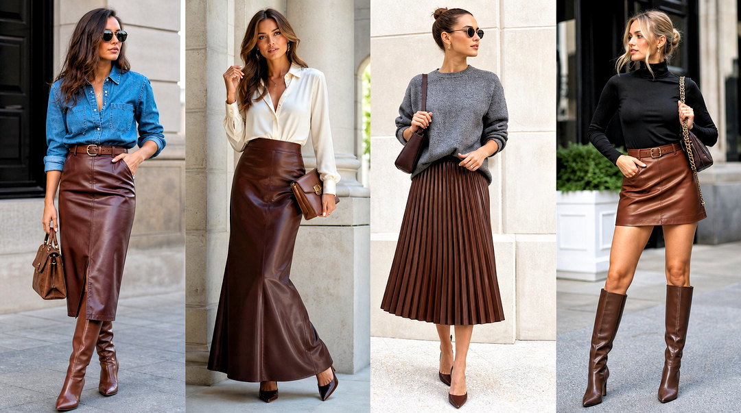 25 Brown Leather Skirt and Top Outfit Ideas for Chic Nights