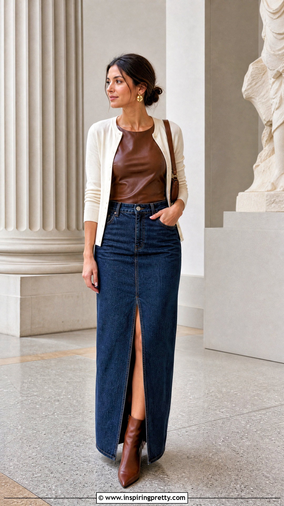 Brown Leather Top With Denim Maxi Skirt - 50 brown leather top outfit ideas