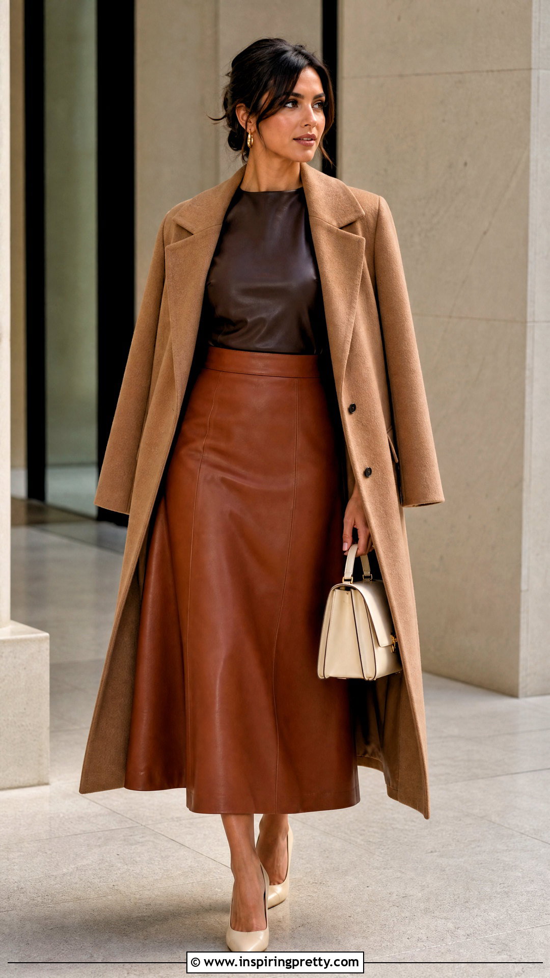 Brown Leather Top With Leather Midi Skirt - 50 brown leather top outfit ideas