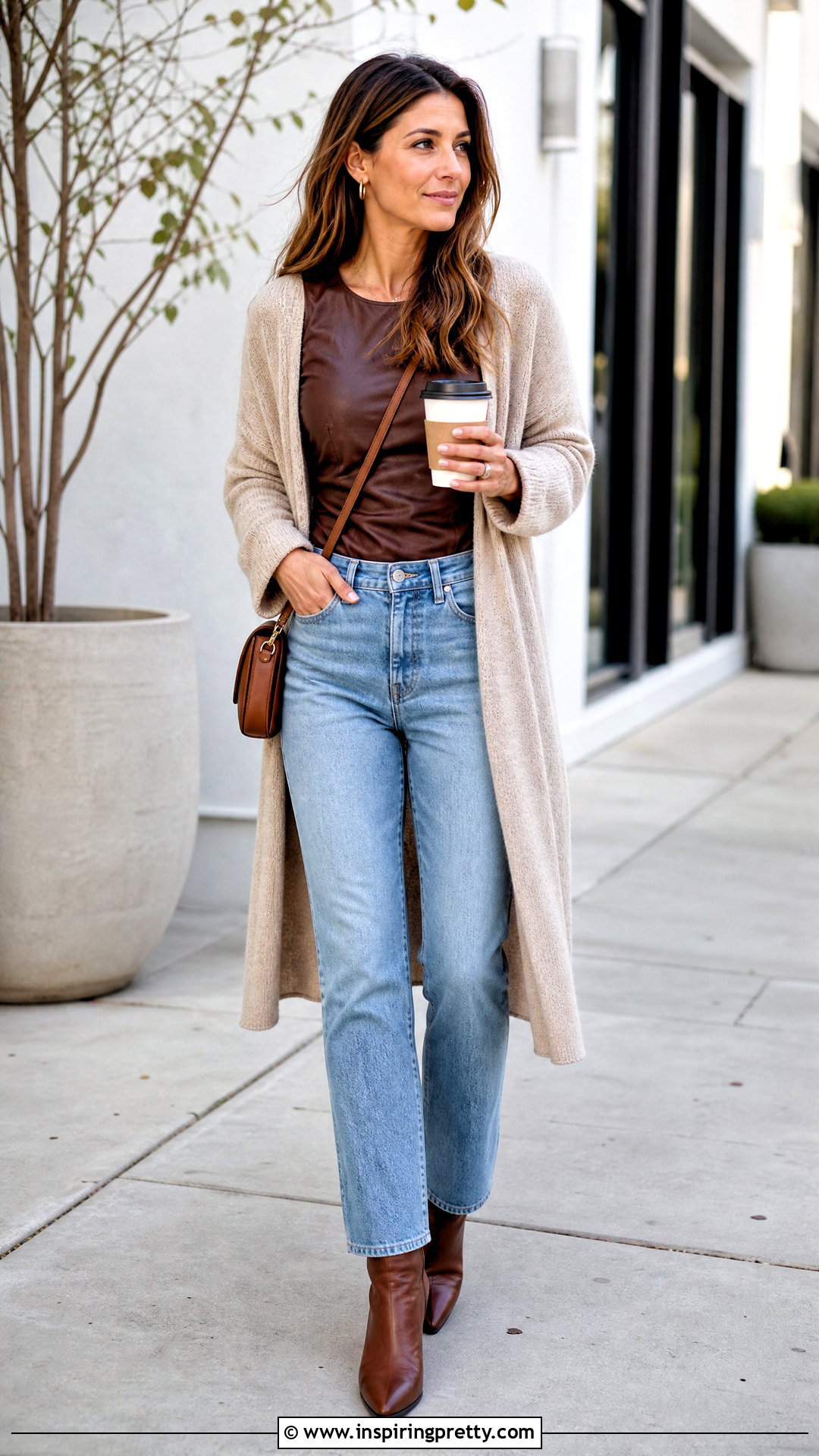 Brown Leather Top With Long Cardigan - 50 brown leather top outfit ideas