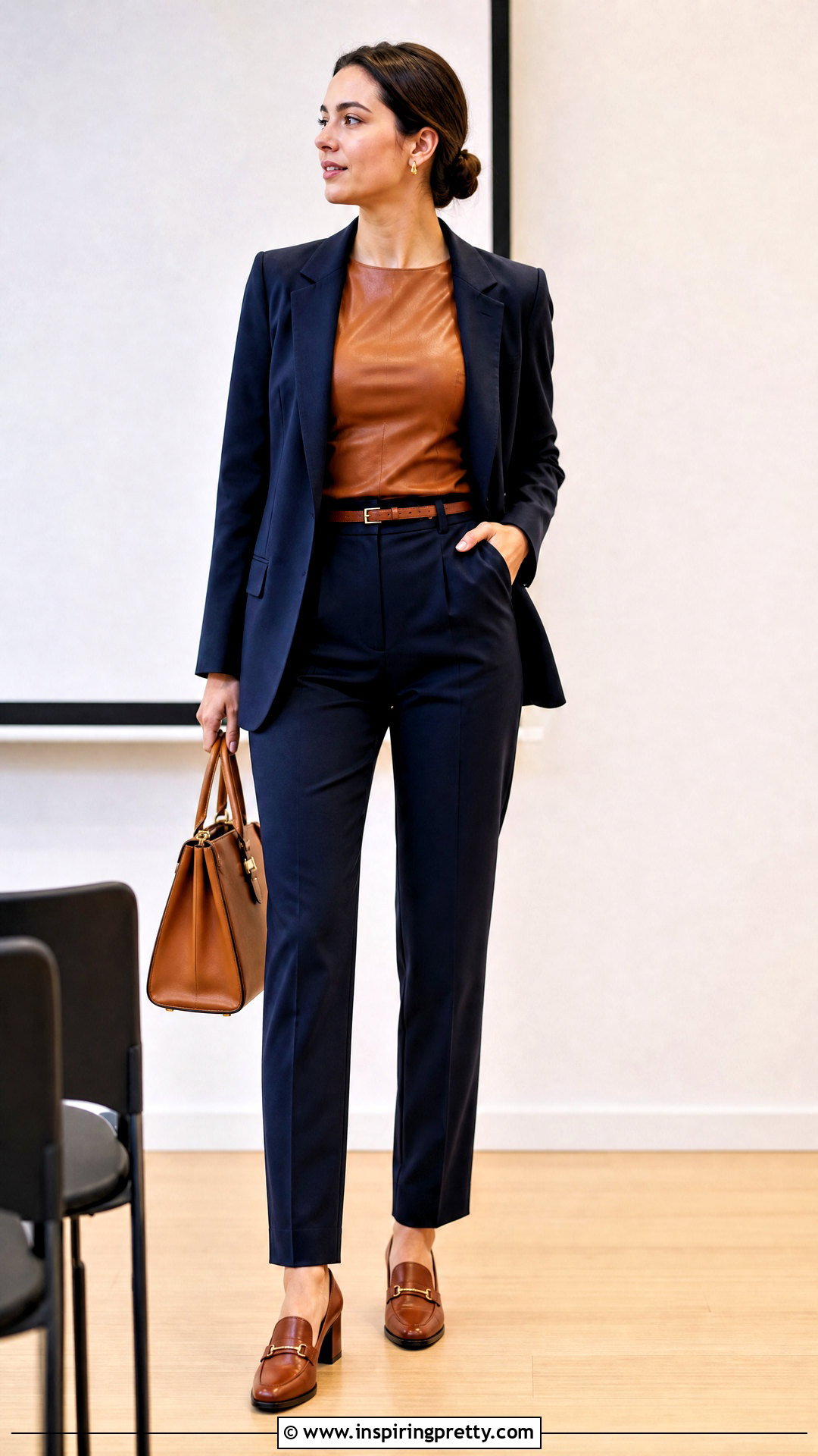 Brown Leather Top With Navy Trousers - 50 brown leather top outfit ideas