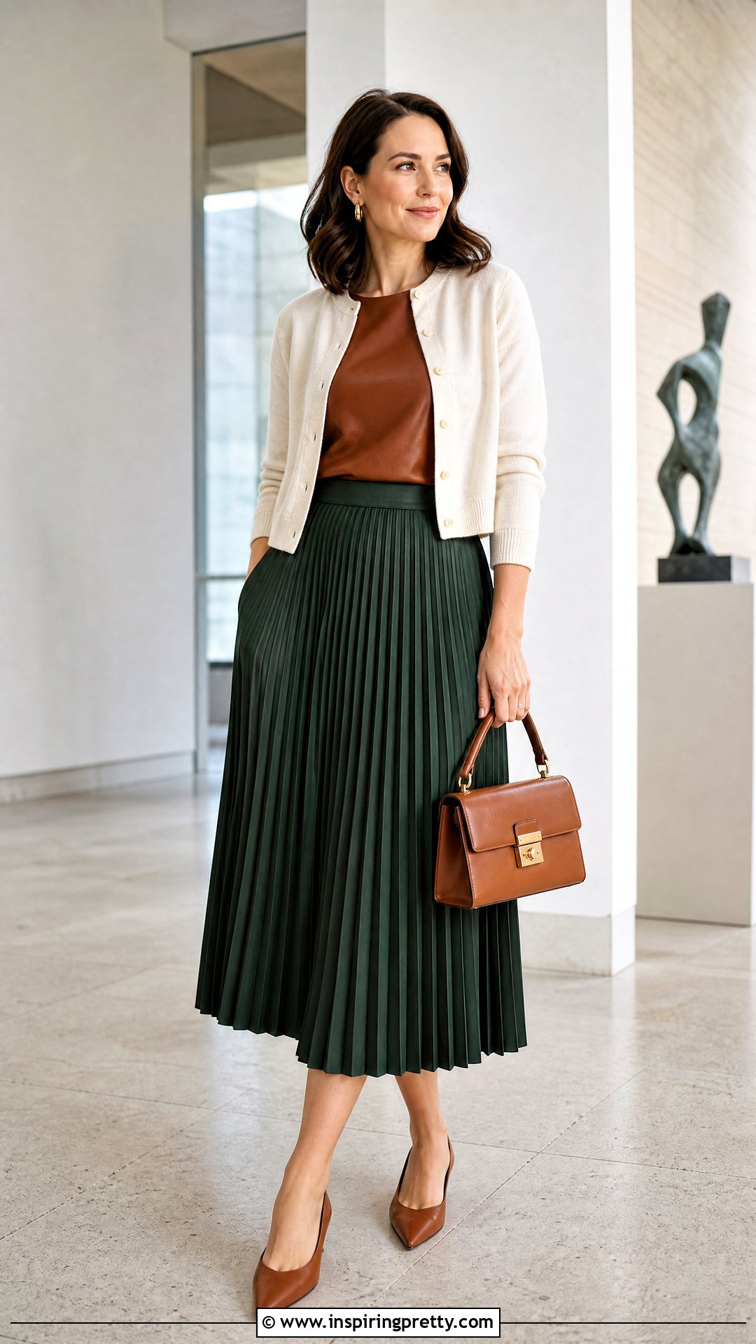 Brown Leather Top With Pleated Midi Skirt - 50 brown leather top outfit ideas