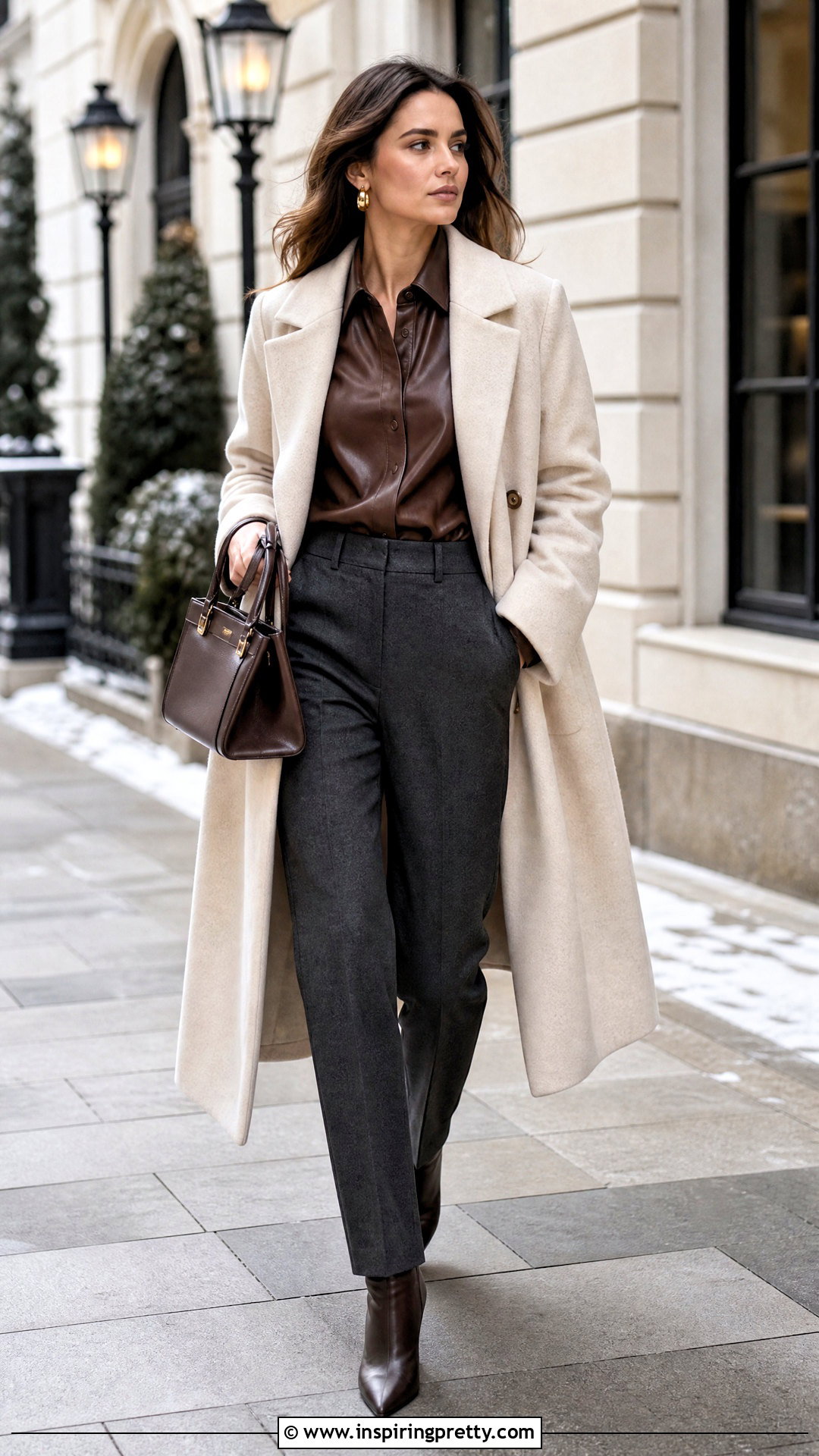 Brown Leather Top With Wool Coat - 50 brown leather top outfit ideas