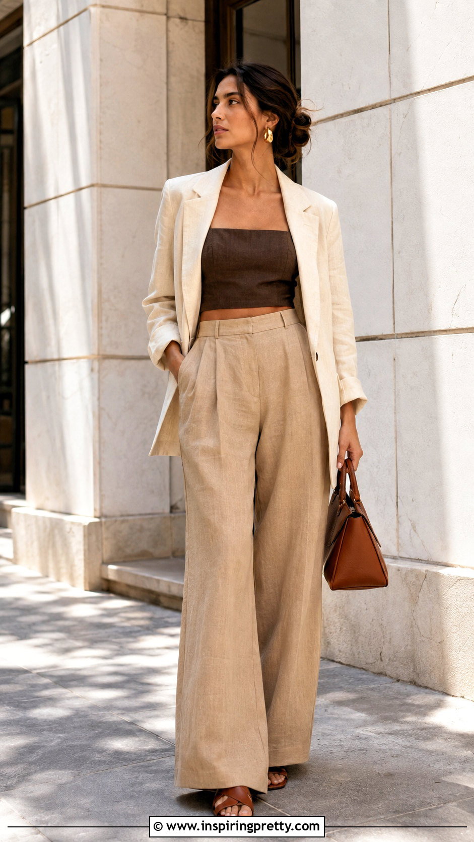 Brown Linen Crop Top With Tan Trousers - 50 linen crop top outfit ideas