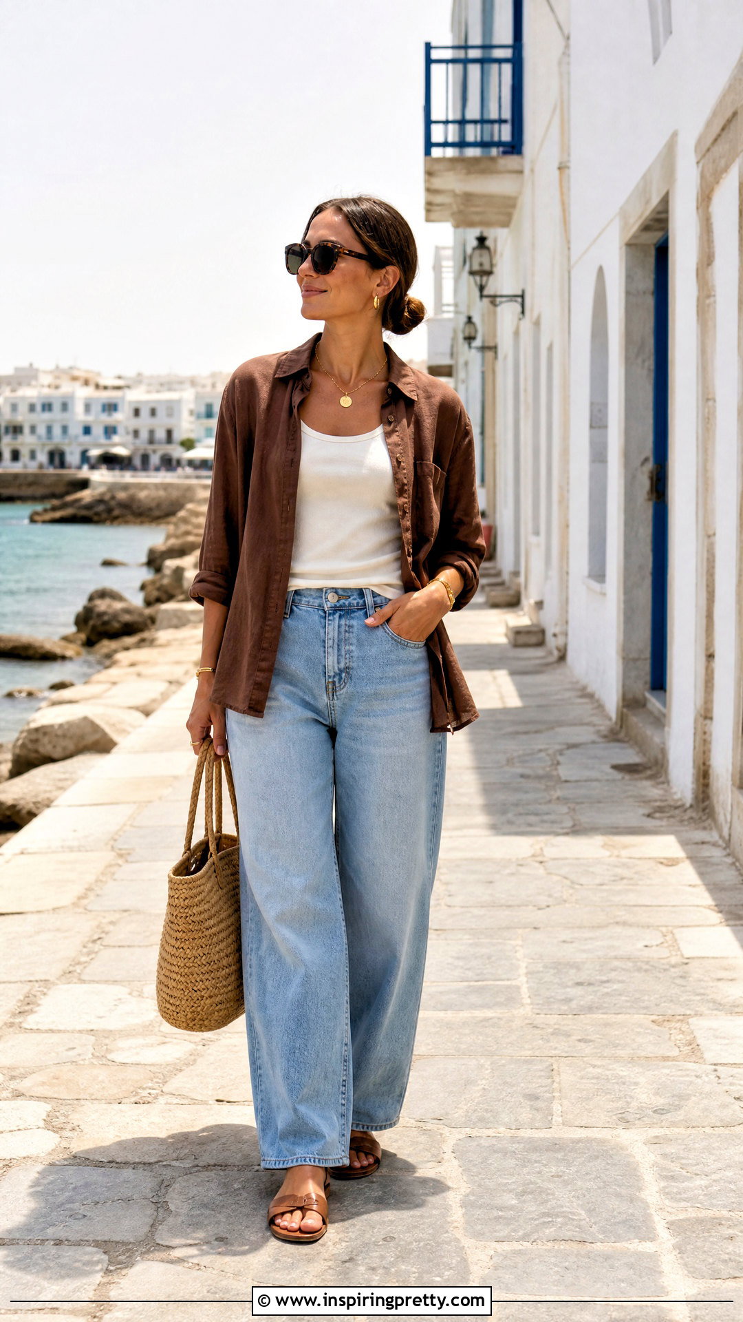 Brown Linen Shirt And Loose Blue Jeans - 50 brown top and blue jeans outfit ideas