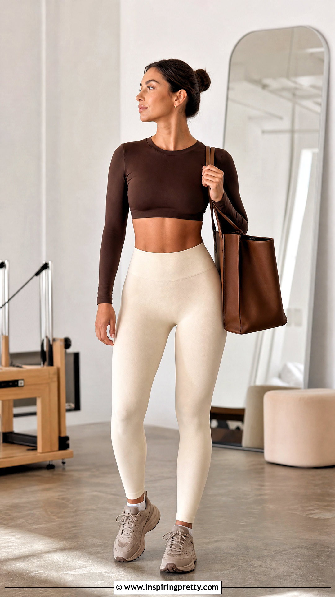Brown Long Sleeve Crop Top With Cream Leggings - 25 Long Sleeve Crop Top Workout outfit ideas