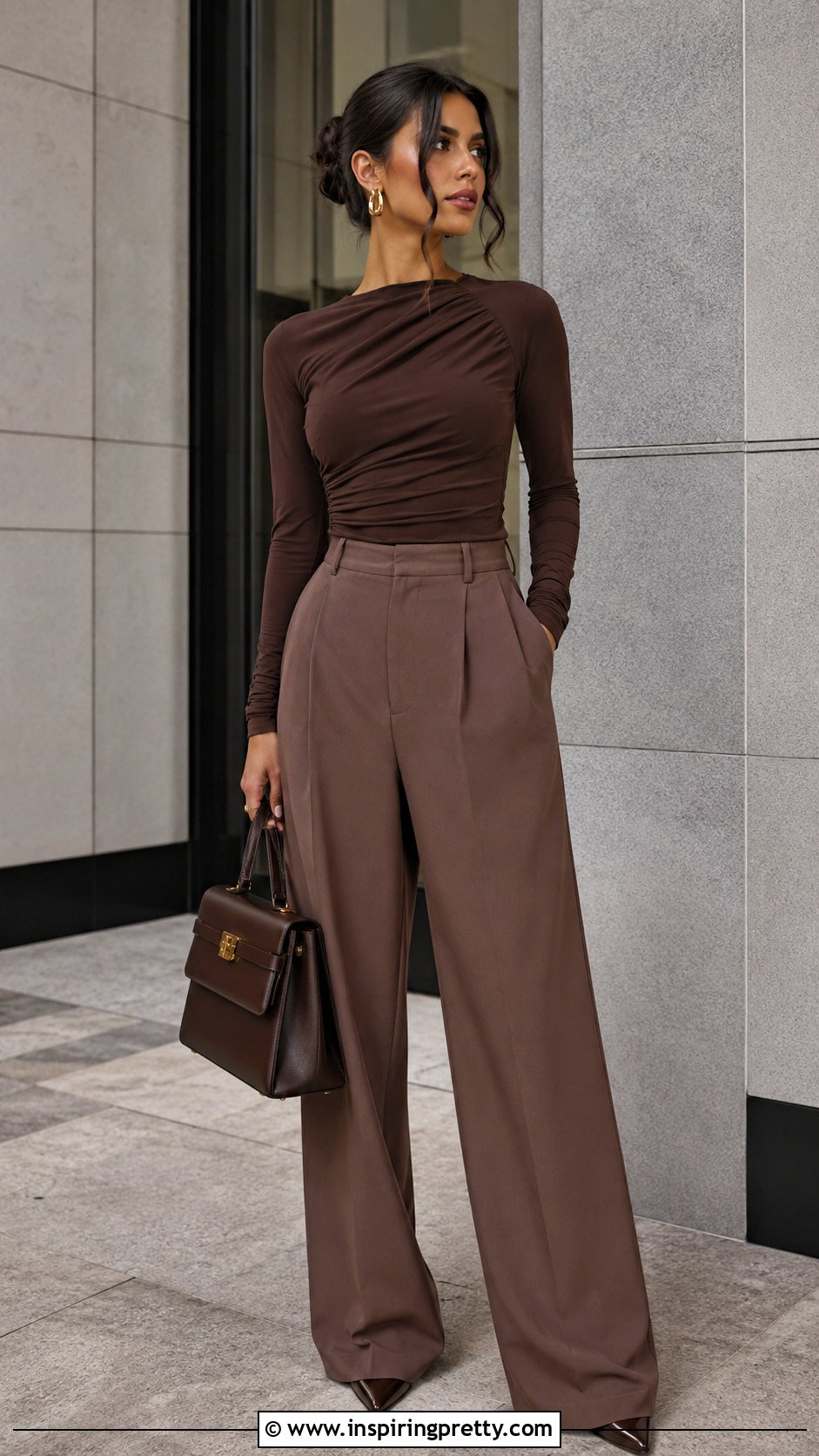 Brown Long Sleeve Going Out Top With Brown Trousers - 50 long sleeve going out tops outfit ideas