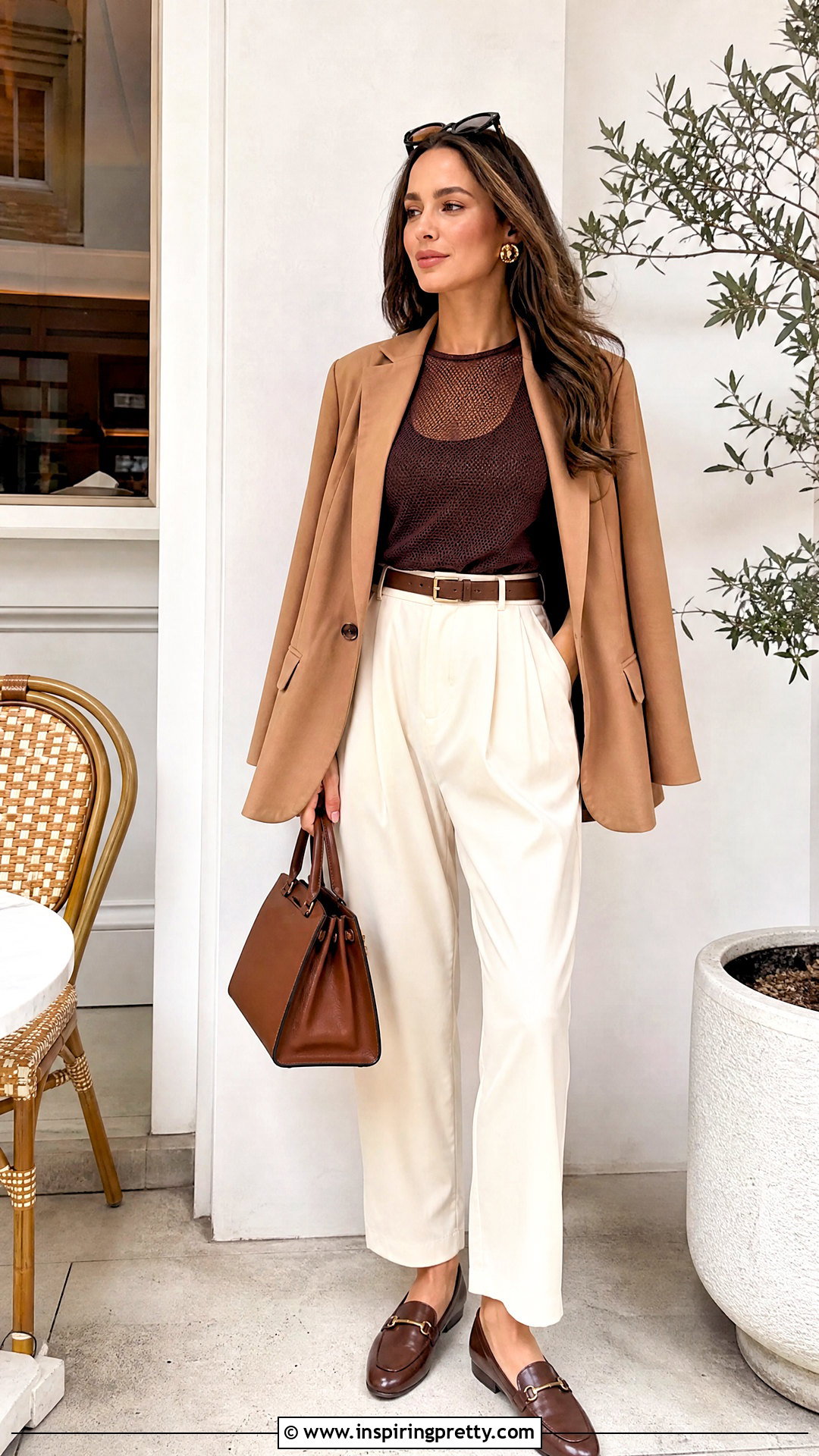 Brown Mesh Top With Cream Trousers - 50 mesh top outfit classy ideas