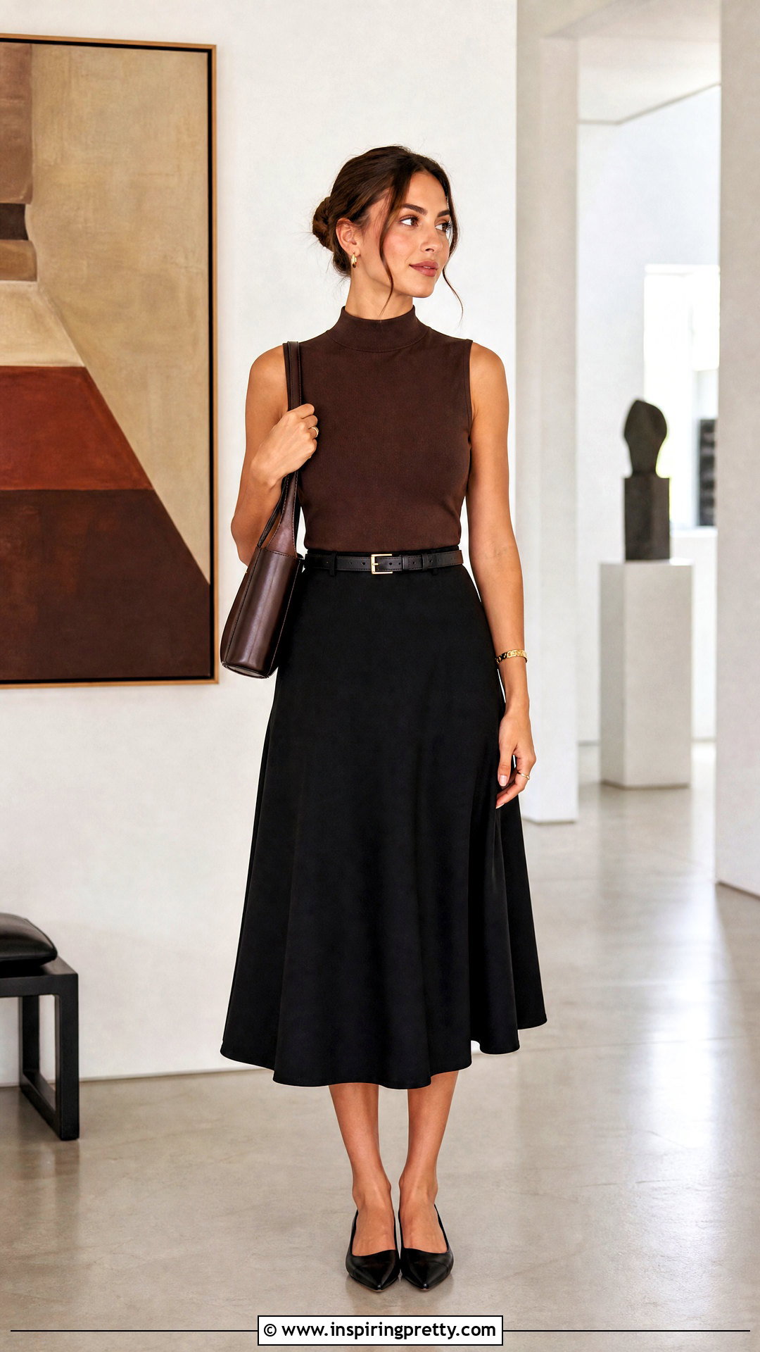 Brown Minimalist Top With Black Midi Skirt - 20 Brown Minimalist Top outfit ideas