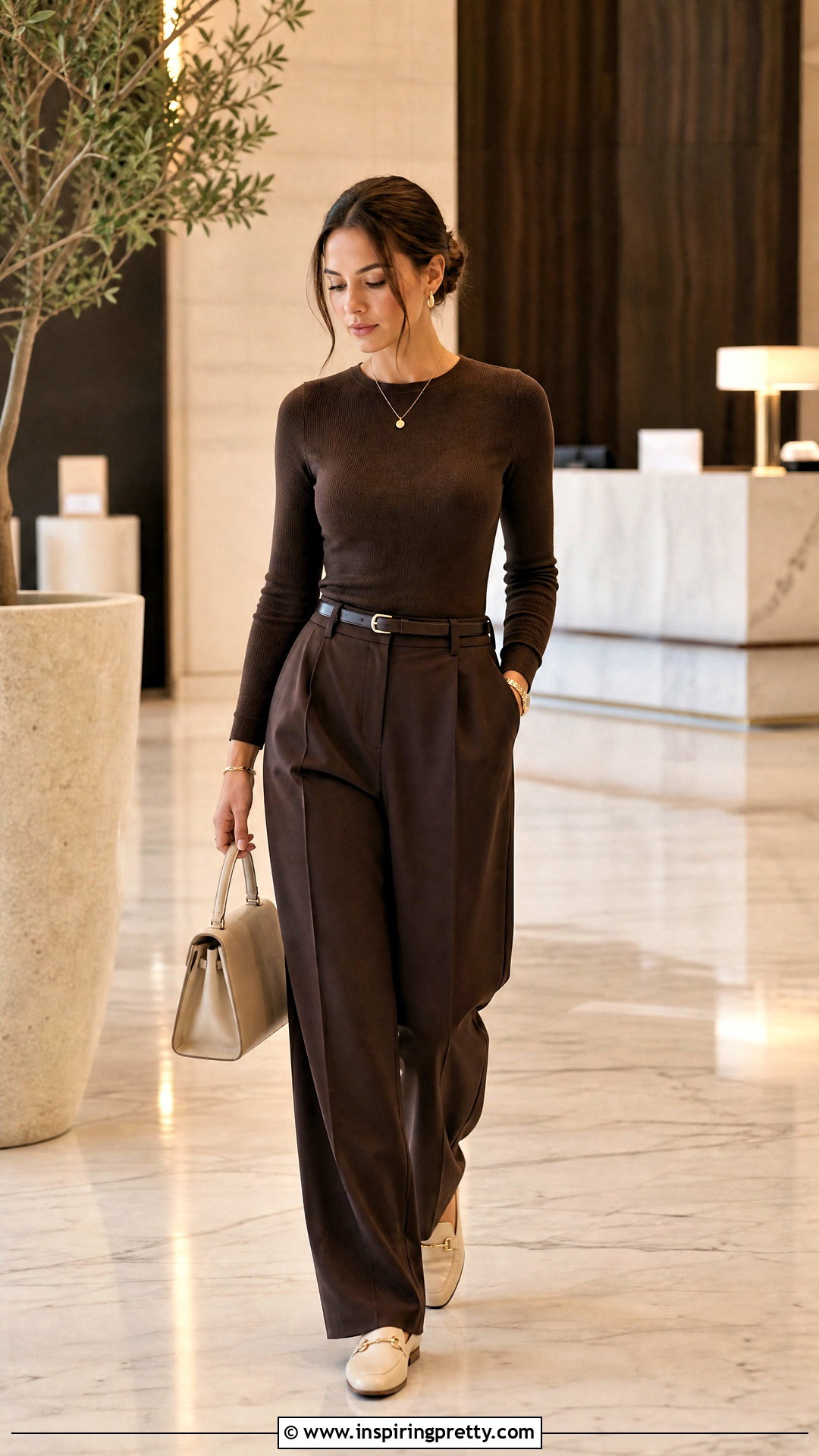 Brown Minimalist Top With Matching Brown Pants - 20 Brown Minimalist Top outfit ideas